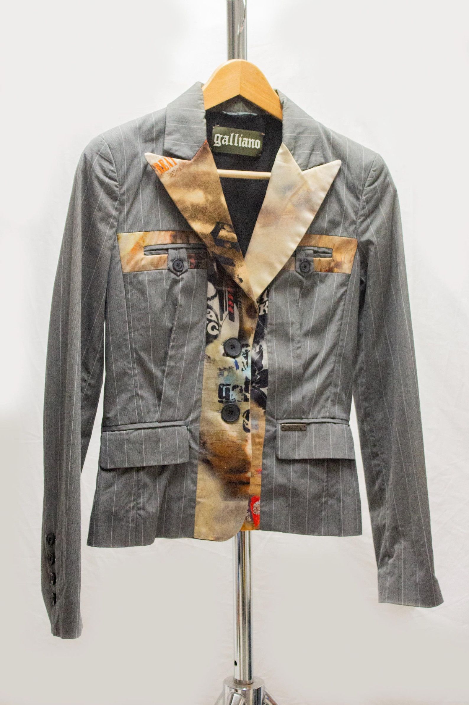 John Galliano Galliano y2k grey cotton pinstripe jacket with gazette print Size XS / US 0-2 / IT 36-38 - 1 Thumbnail