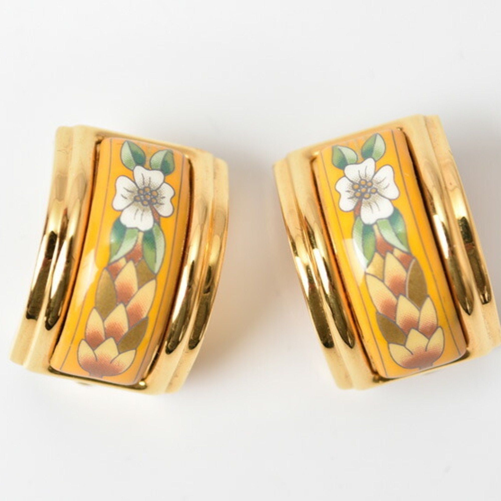 image of Hermes Earrings Enamel Cloisonne Flower Motif Yellow Gold, Women's
