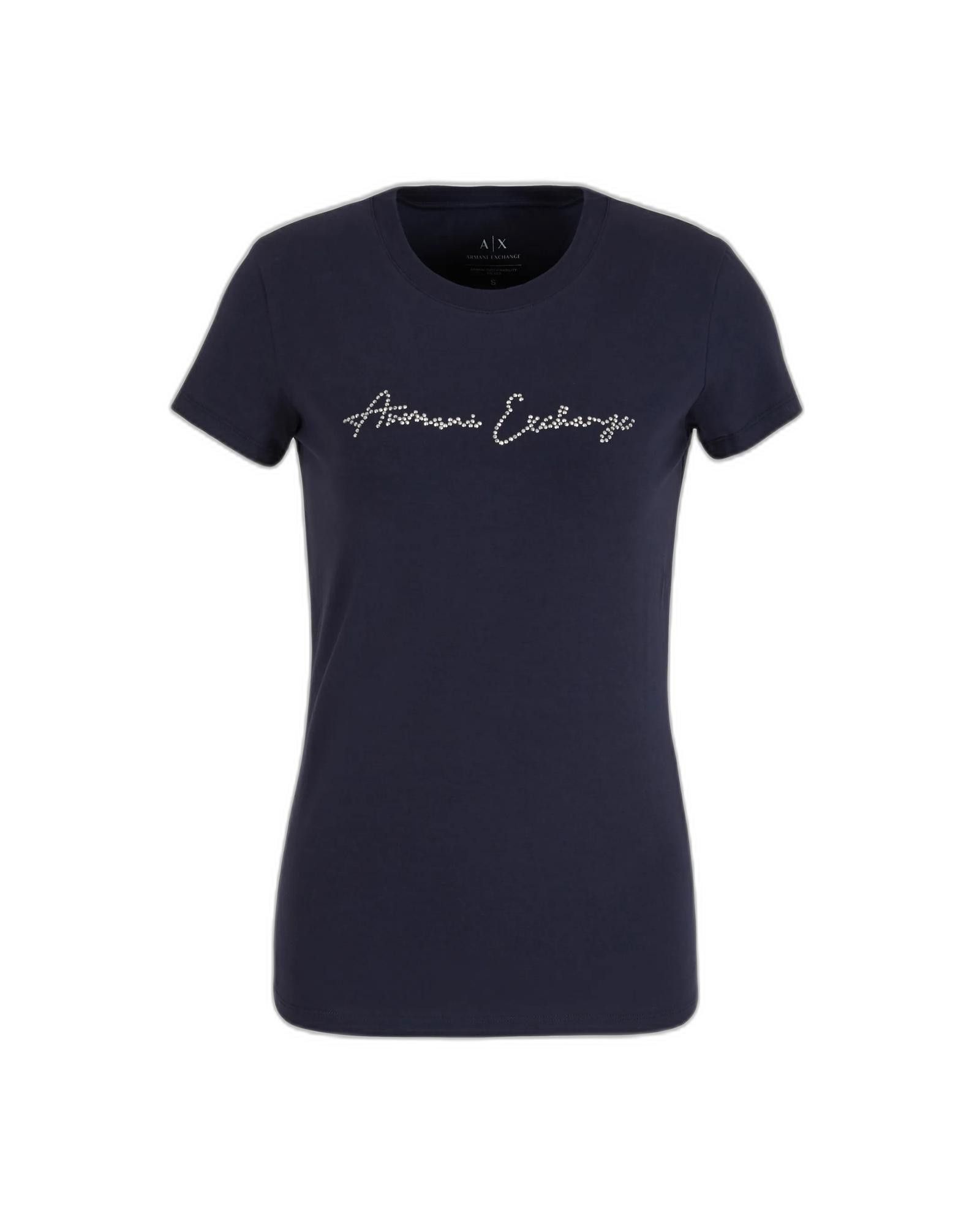 Image of Armani Exchange Printed Round Neck T-Shirt in Blue, Women's (Size Small)