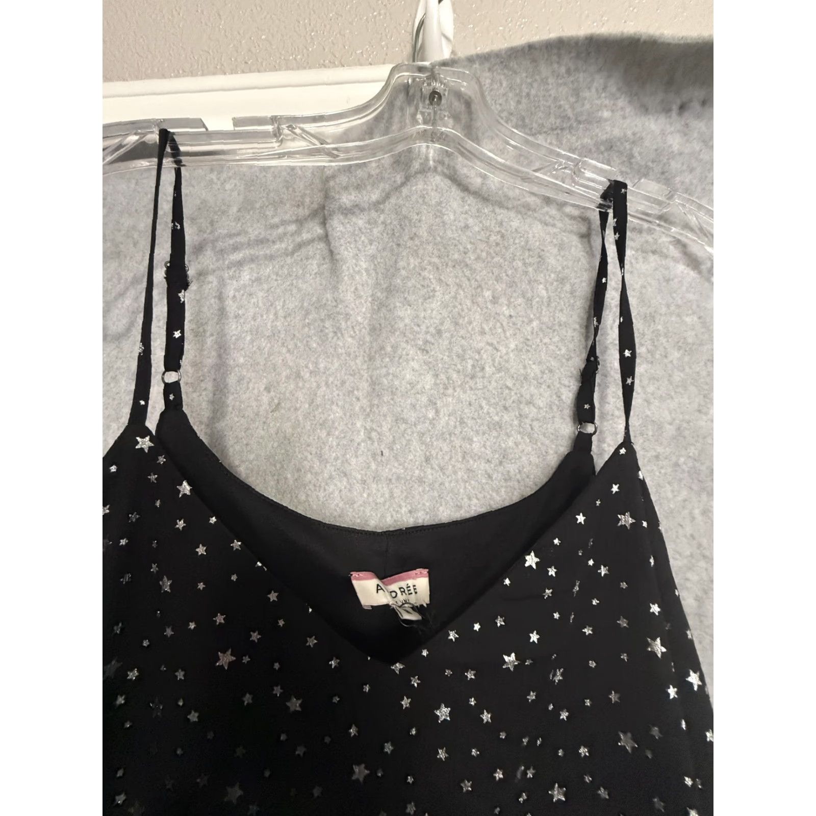 Vintage Andrée By Unit Dress Womens M Black Star Print Chiffon Slip Maxi Celestial Sleeveless V-Neck Strappy Sleeve Pullover Lightweight Lined Polyester Size M / US 6-8 / IT 42-44 - 3 Thumbnail