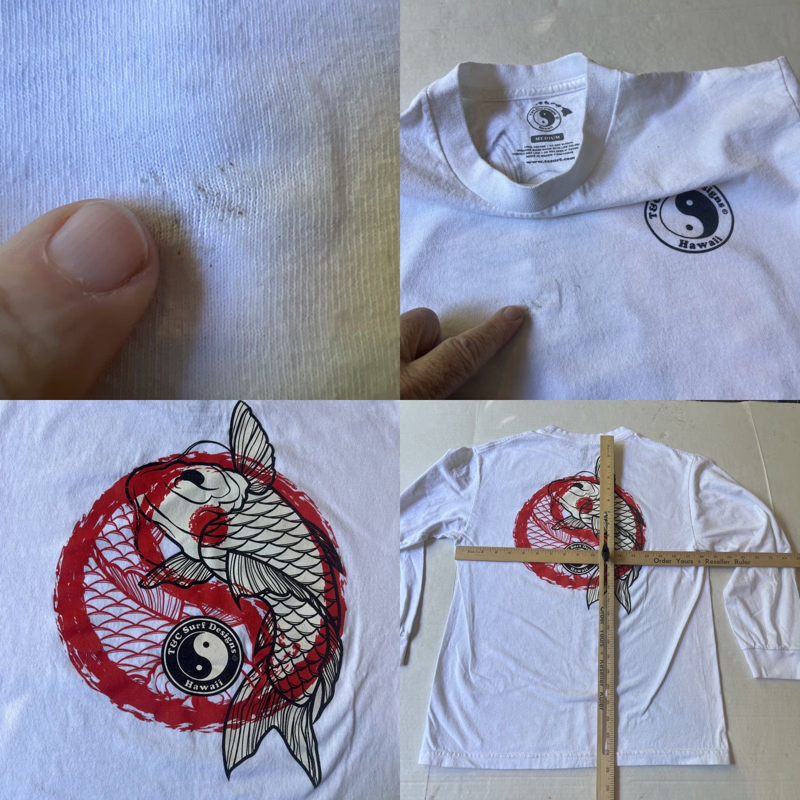 4SDESIGNS T&C Surf Designs North Shore Hawaii Fish Ying Yang Logo Long Sleeve Shirt Medium White Mens Graphic Print Shirt Size US M / EU 48-50 / 2 - 8 Thumbnail
