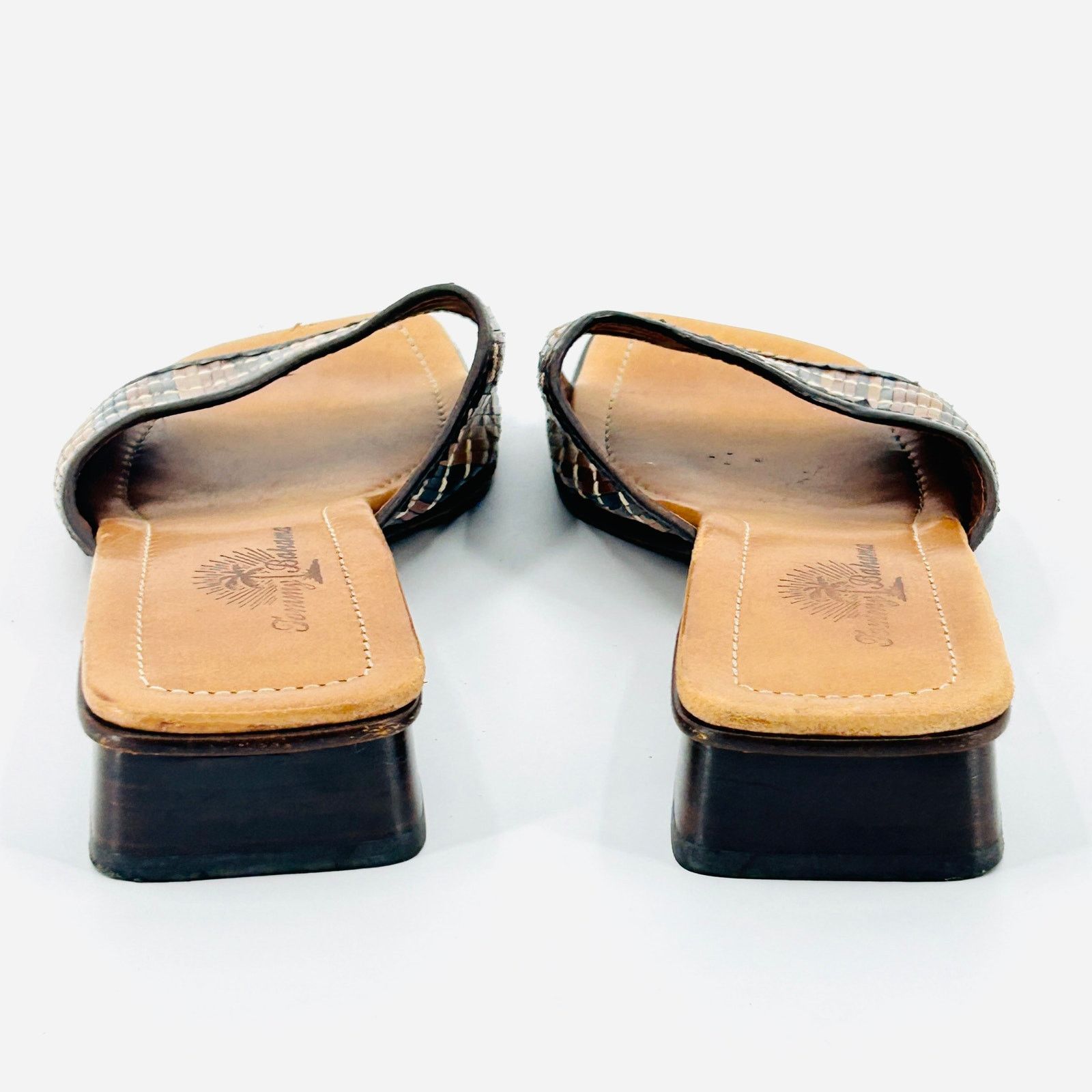 Vintage 90s Brown Tan Woven Leather Block Heel Mules