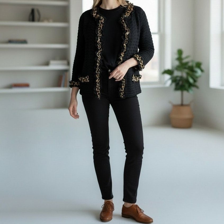 Chicos Chicos Cardigan Sweater Animal Print Lace Ruffle Trim 0 S Size S / US 4 / IT 40 - 2 Thumbnail