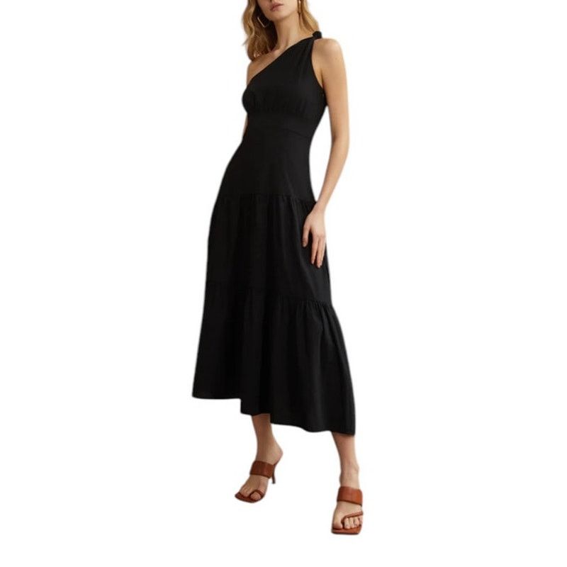 Other Commense Black Asymmetric One Shoulder Knotted Midi Dress Size M / US 6-8 / IT 42-44 - 2 Thumbnail