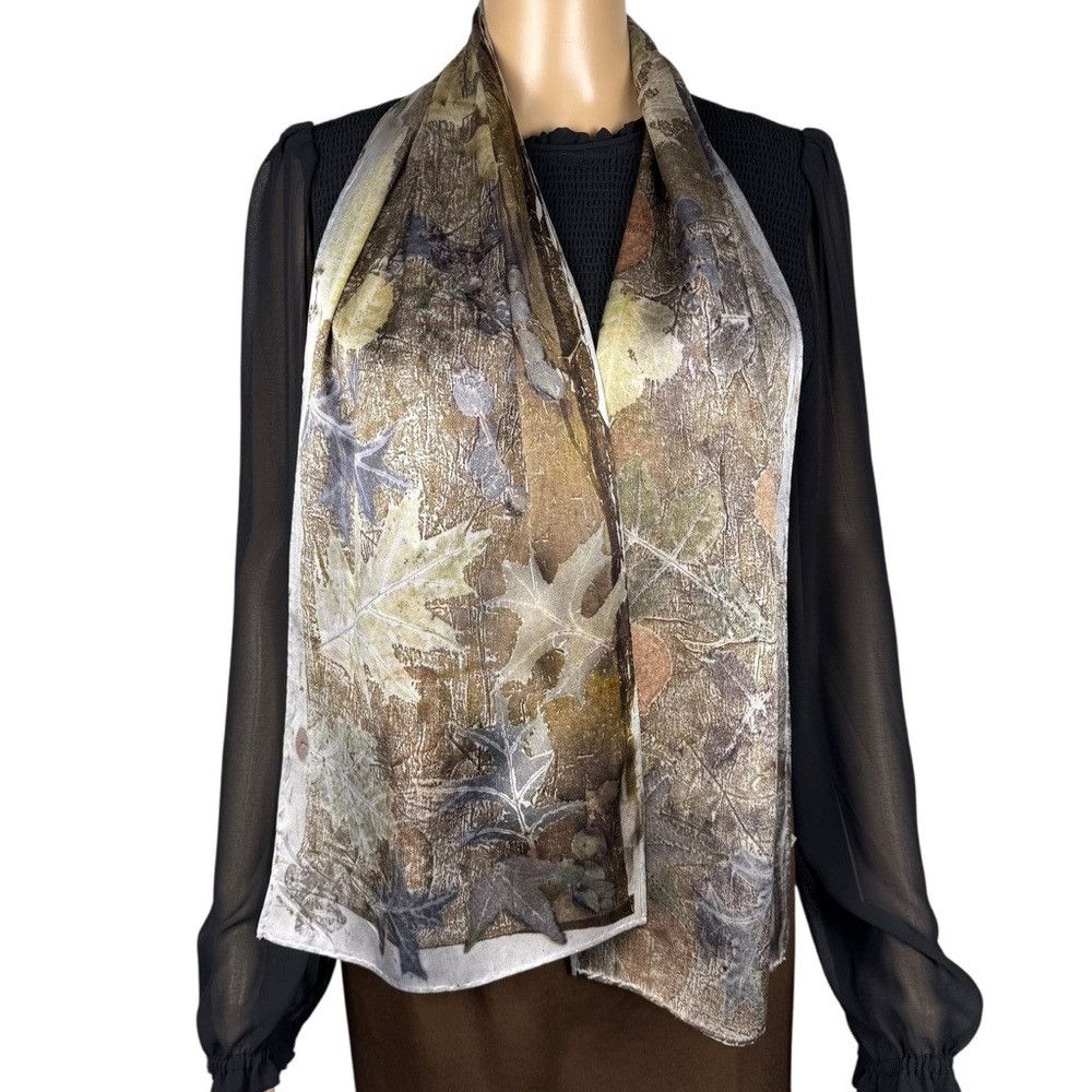 Other New 100% Silk Hand Dyed Leaves Ecoprint Rectangle Scarf 11' Size ONE SIZE - 1 Thumbnail