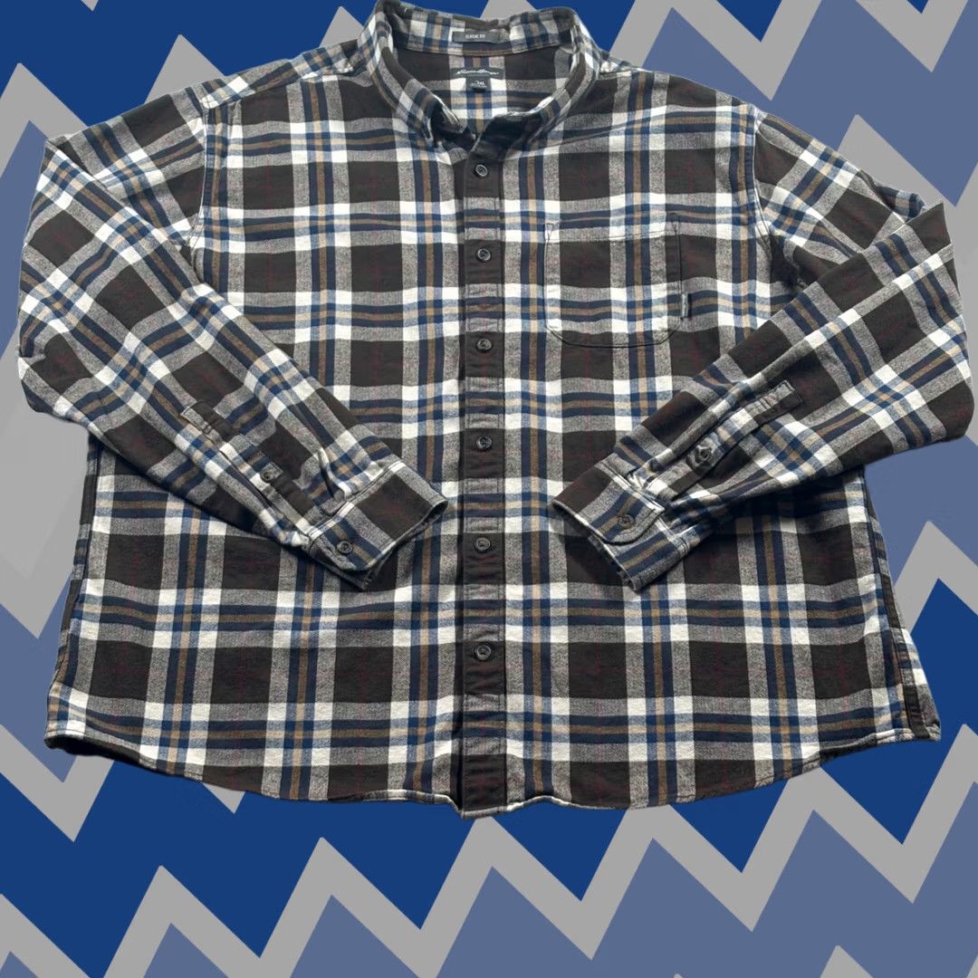 Eddie Bauer Shirt Mens 2XL Flannel Brown Blue Plaid Classic Fit Cotton, Men's (Size Xxl)