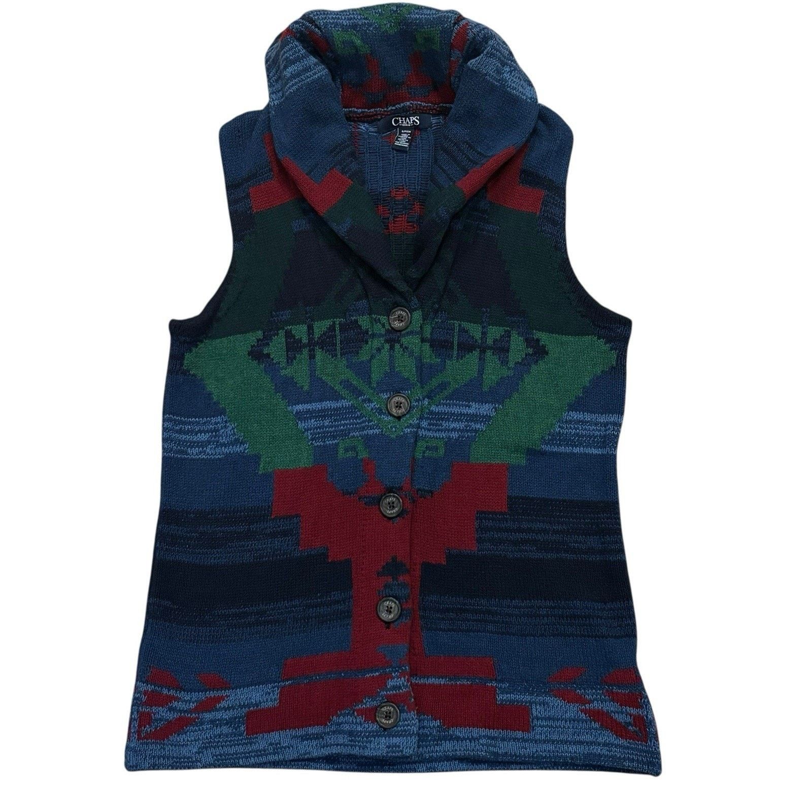 Chaps Vintage Chaps Denim Shawl Collar Aztec Sweater Vest Small Size S / US 4 / IT 40 - 1 Thumbnail