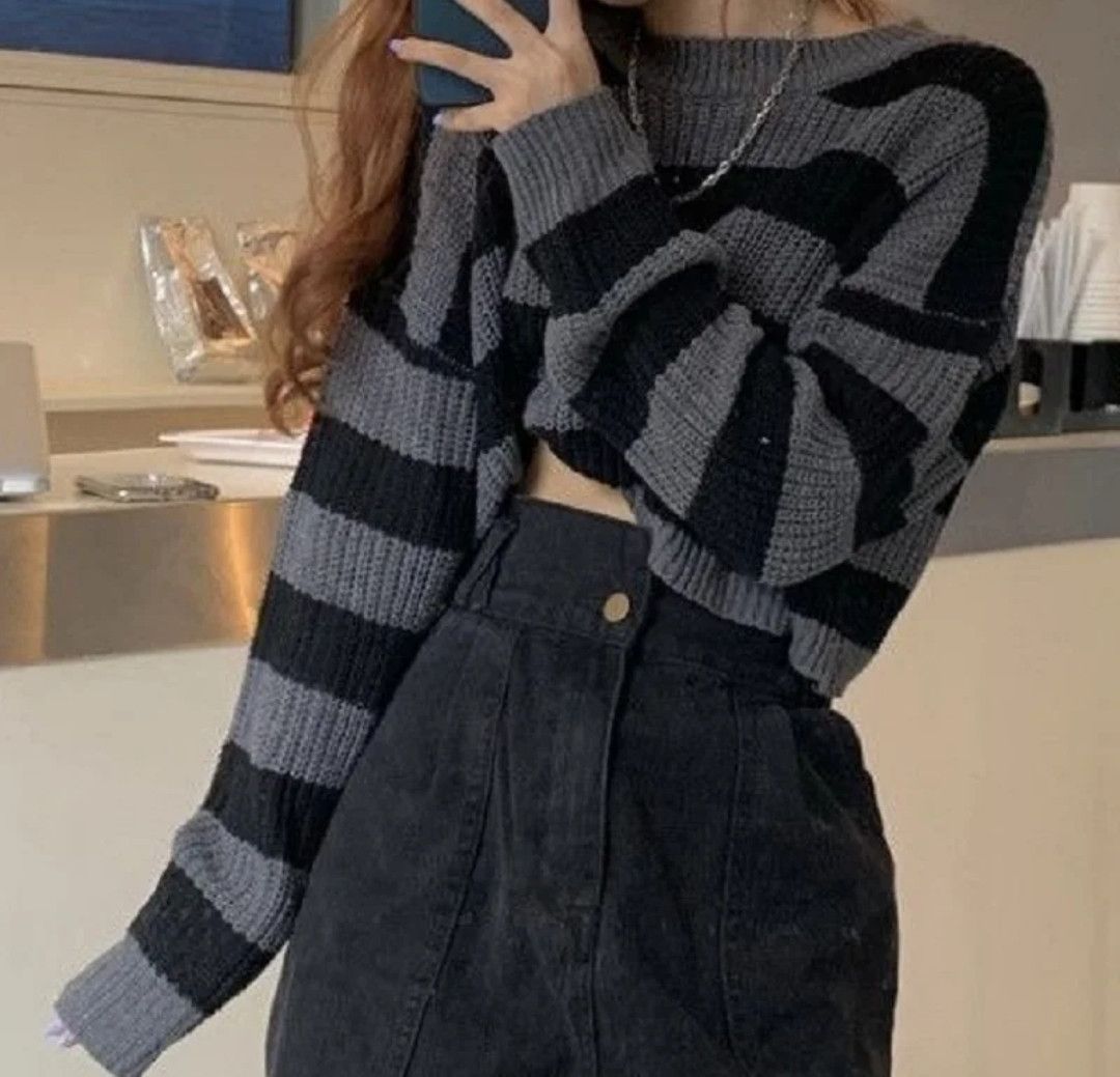 Japanese Brand × Vintage Y2K Vtg Design Cropped Sweater Knitted Stripe Grunge Ladies Size M / US 6-8 / IT 42-44 - 4 Thumbnail