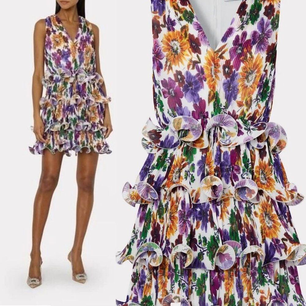 MILLY NWT New $495 MILLY Gia Wildflower Garden Chiffon Tiered Dre Size XL / US 12-14 / IT 48-50 - 1 Thumbnail