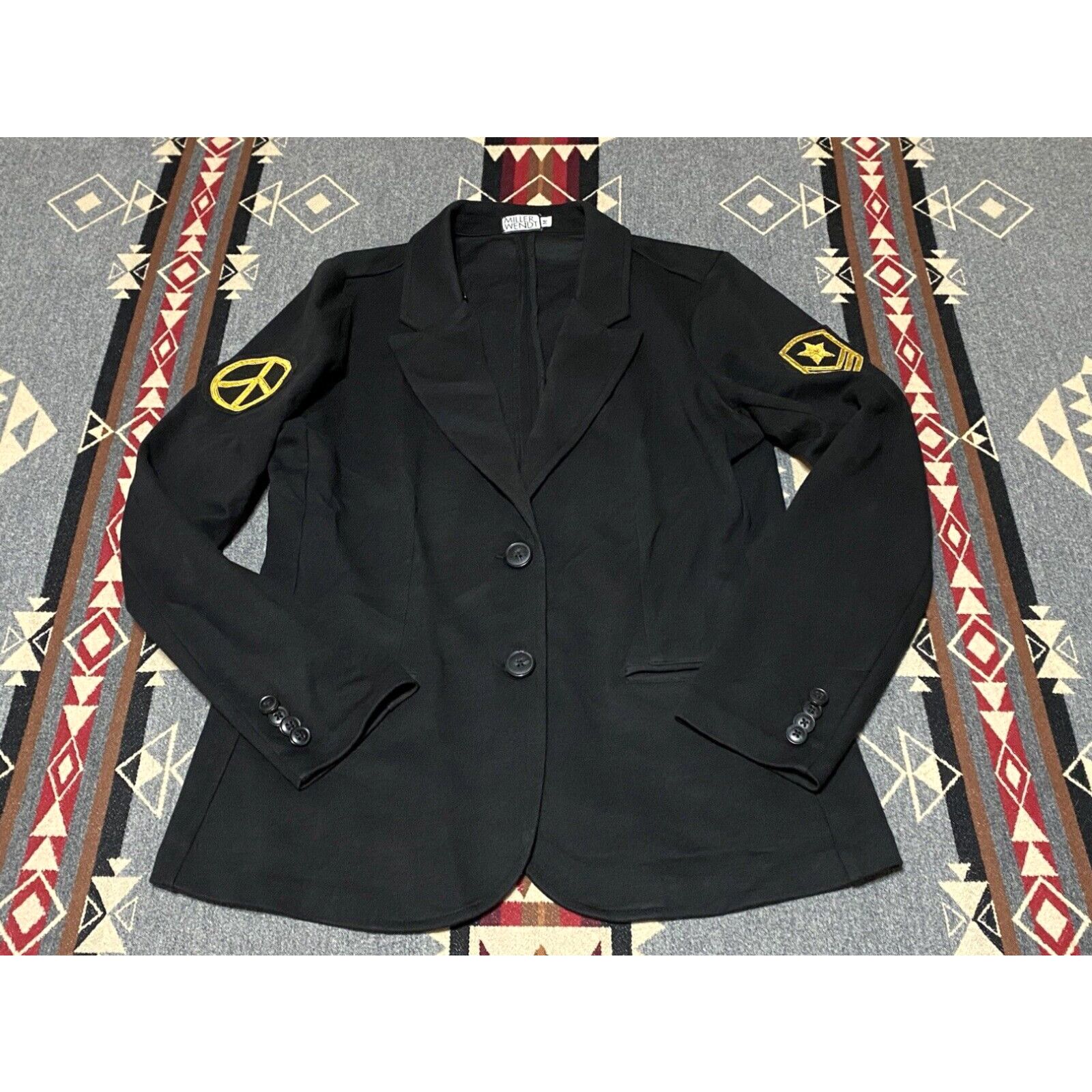 image of Vintage Miller Wendt Sloane Gold Patch Blazer Peace Sign Hippie Size M Black T50 in White, Women's
