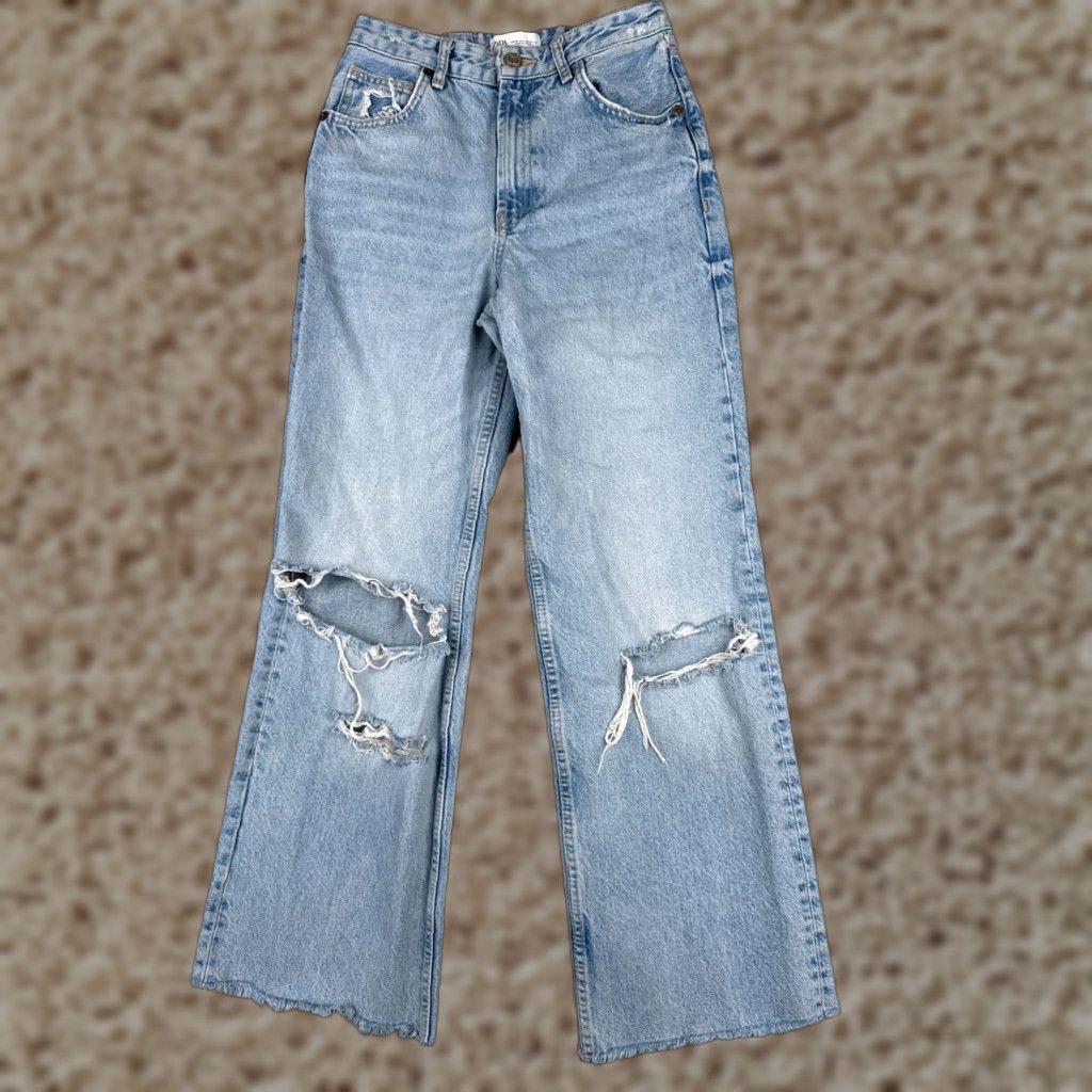 Zara Zara Jeans Women 4 Blue Wide-Leg High Rise Distressed Cotton Blend Raw Hem 25x28 Denim Trousers Casual Western 90s Mens? Size 27" / US 4 / IT 40 - 1 Thumbnail