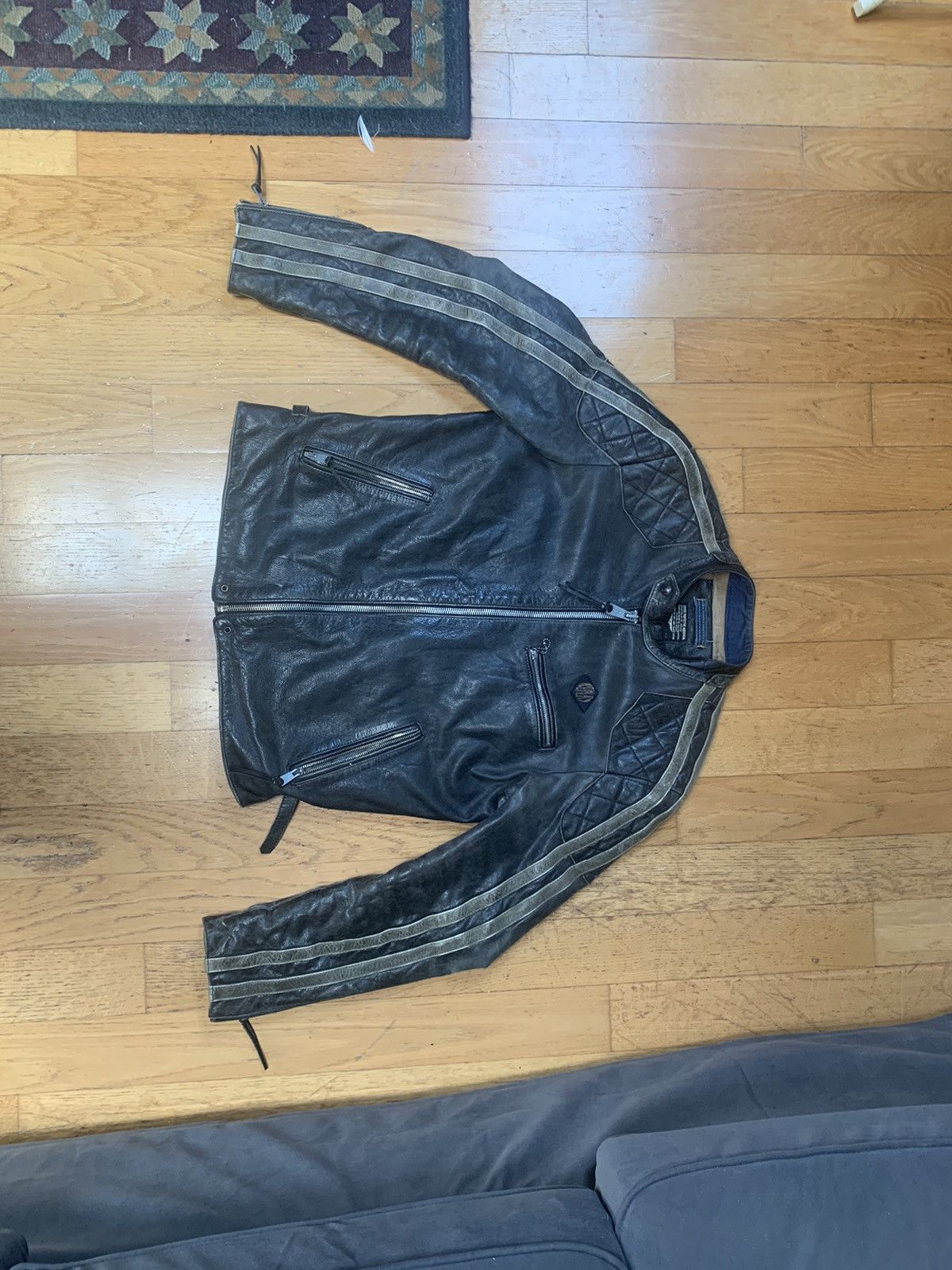 image of Replay Vintage Striped Leather Jacket in Dark Gray, Men's (Size Large)