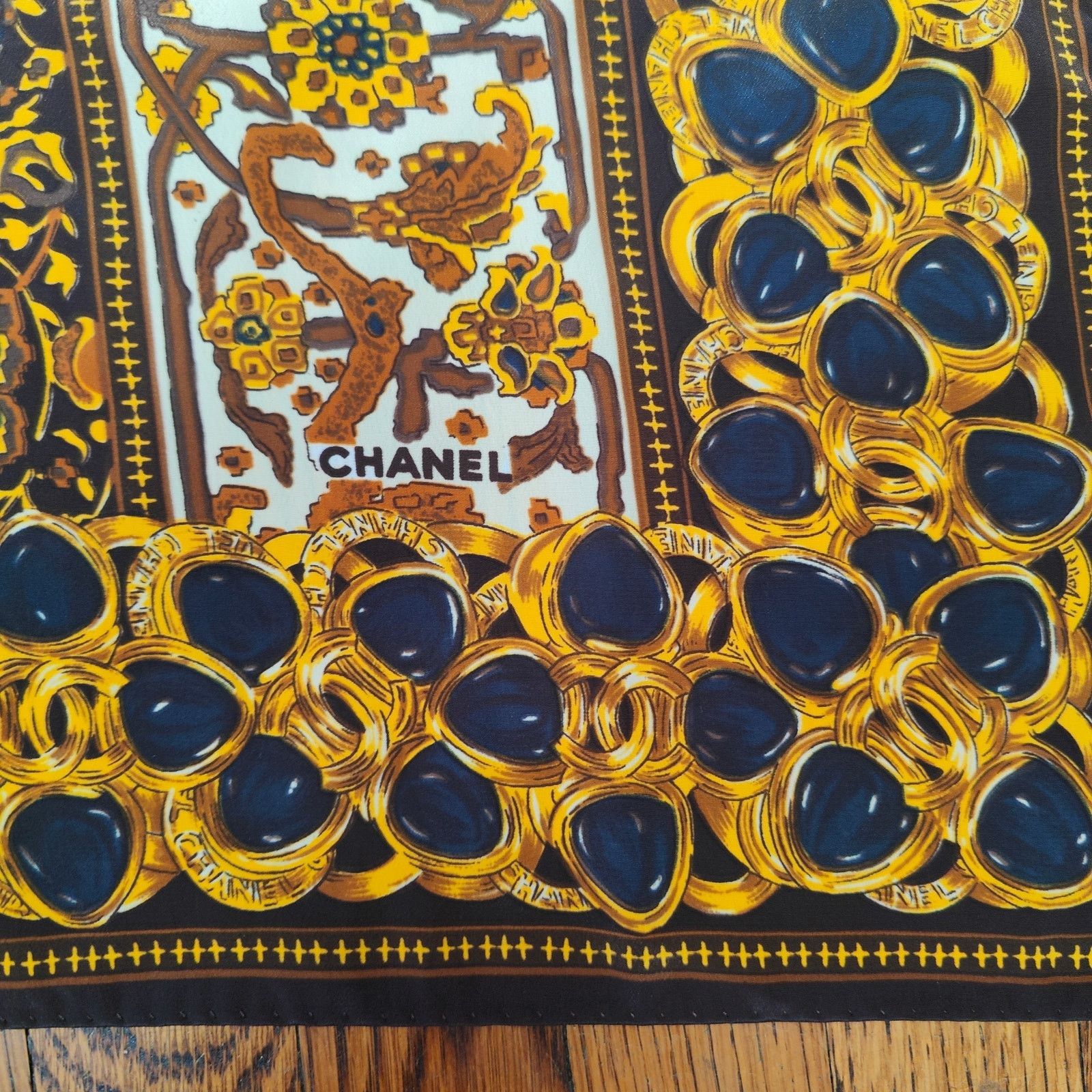 Other Vintage Chanel Silk Scarf Floral Medallion Rings Black Gold Size ONE SIZE - 2 Thumbnail