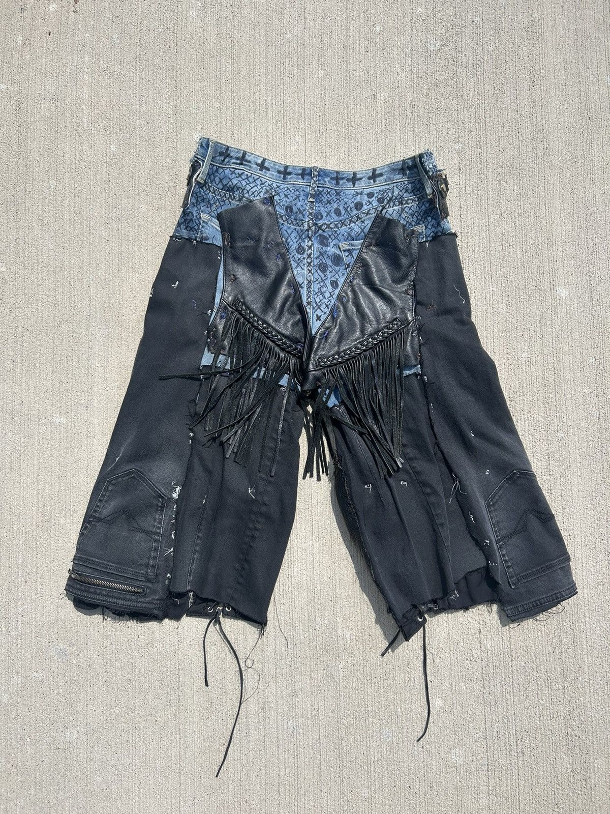 Other Black AbstractDenim Shorts Custom Made w/ Leather + Keylock Size US 34 / EU 50 - 2 Thumbnail