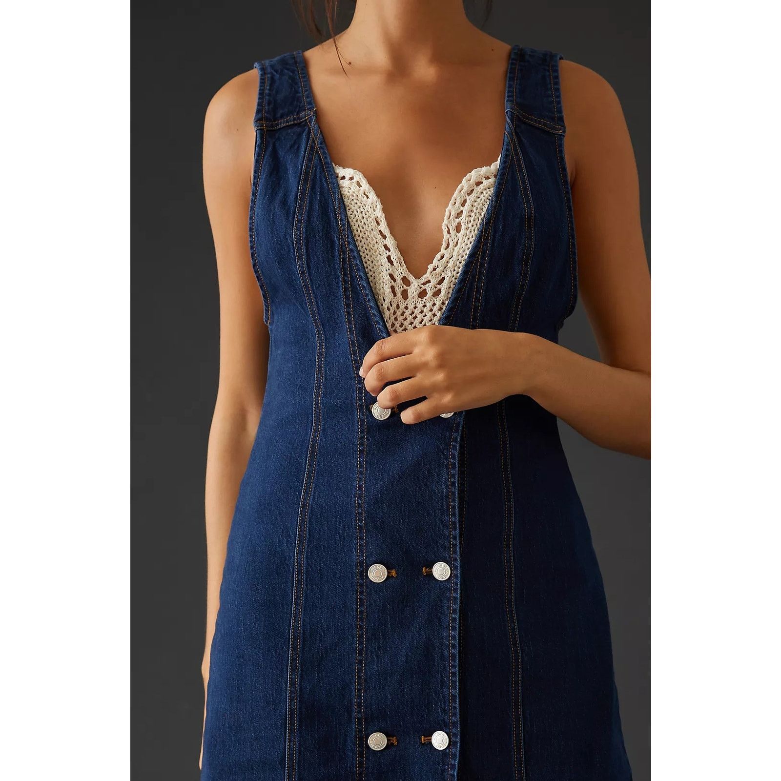 Anthropologie Nwt Pilcro Vest Mini Dress $180 SIZE 0 Dark Denim Button Size XS / US 0-2 / IT 36-38 - 2 Thumbnail