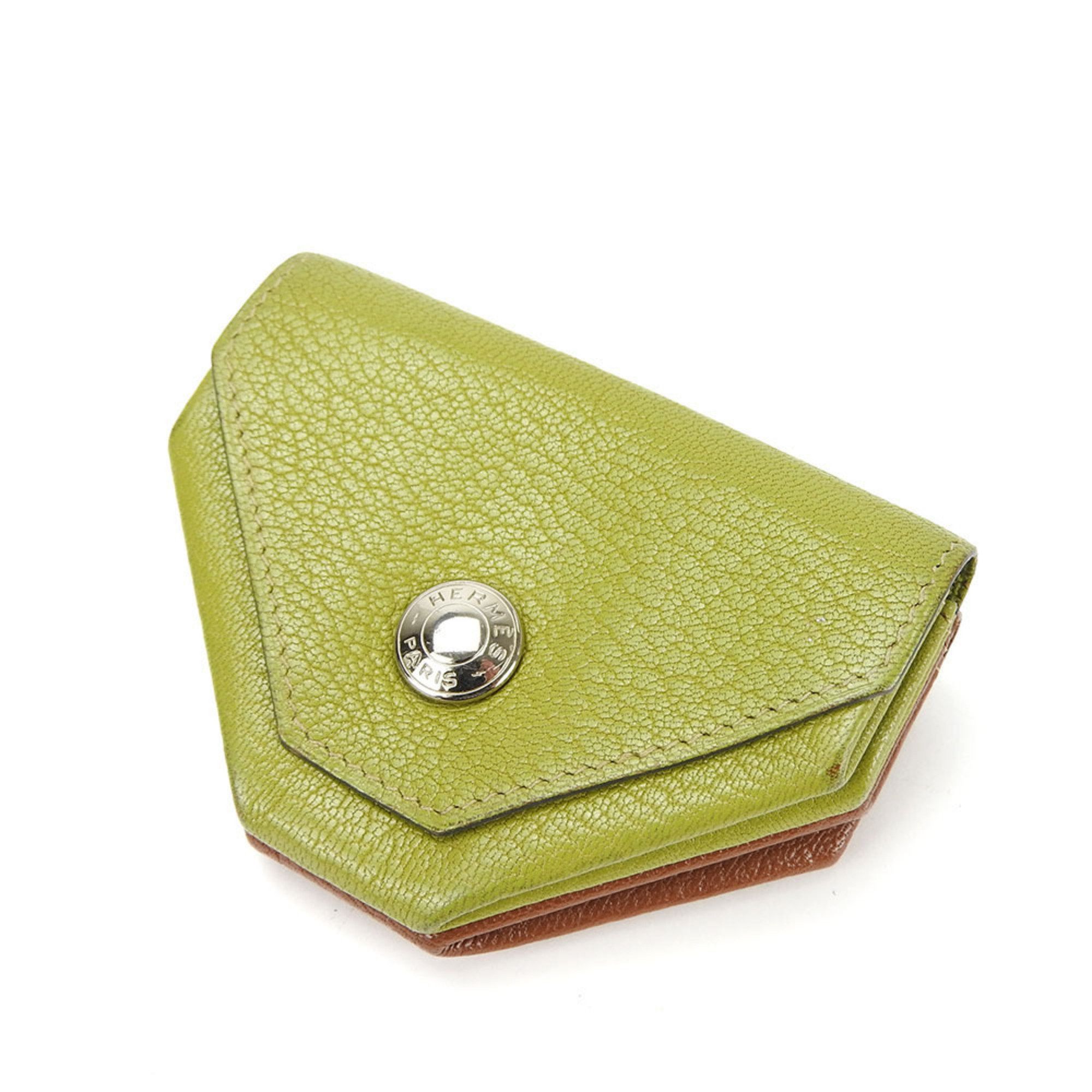 image of Hermes Coin Case Purse Le Van Quatre □F Engraved Double Face Chevre Leather Green Brown Accessory W