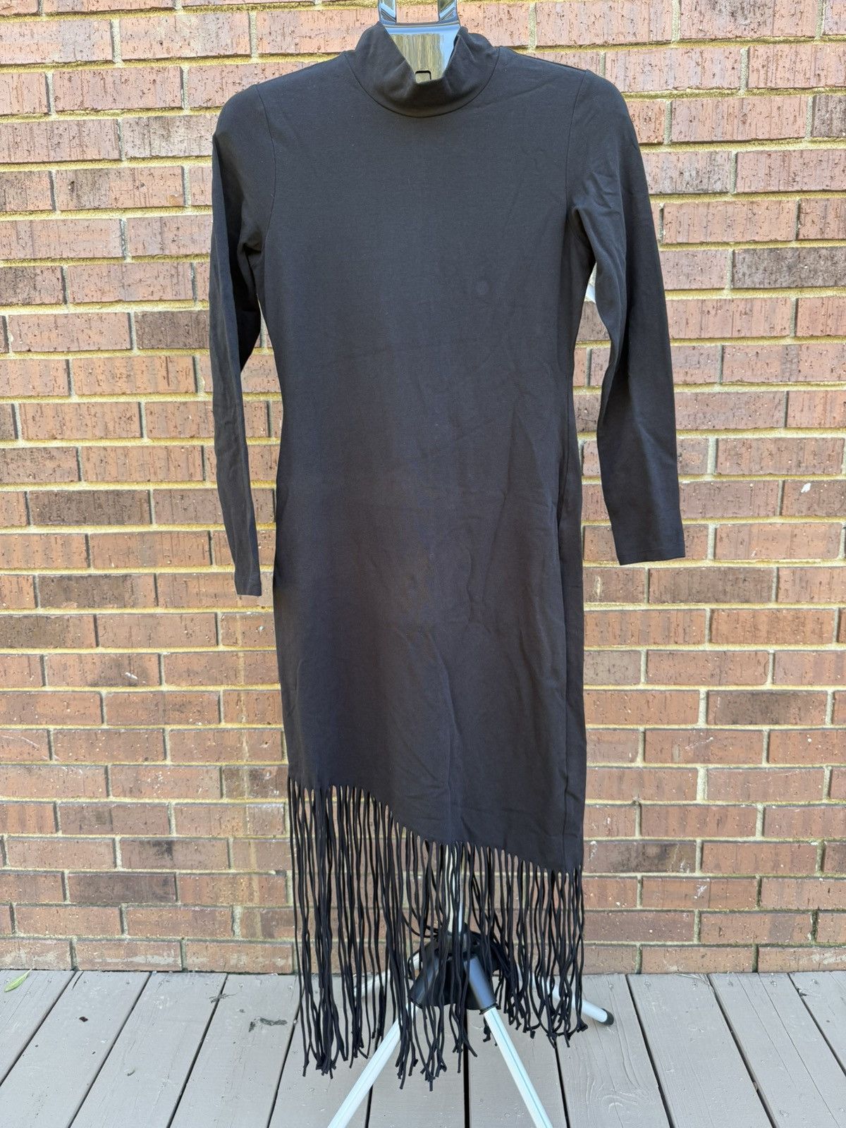 H&M H&M Solid Black Fringe Long Sleeve Dress Mock Neck Size M / US 6-8 / IT 42-44 - 2 Thumbnail