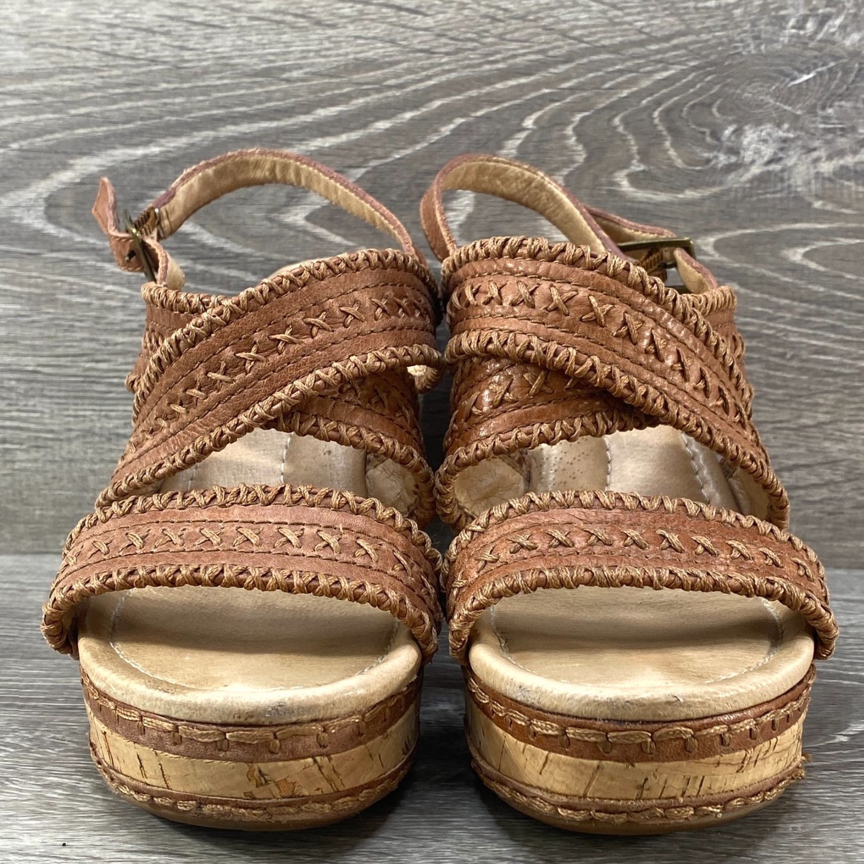 Fossil Fossil Brown Leather Braided Knit Cork 3" Heel Sandal Boho Western Buckle 7.5 Size US 6 / IT 36 - 4 Thumbnail
