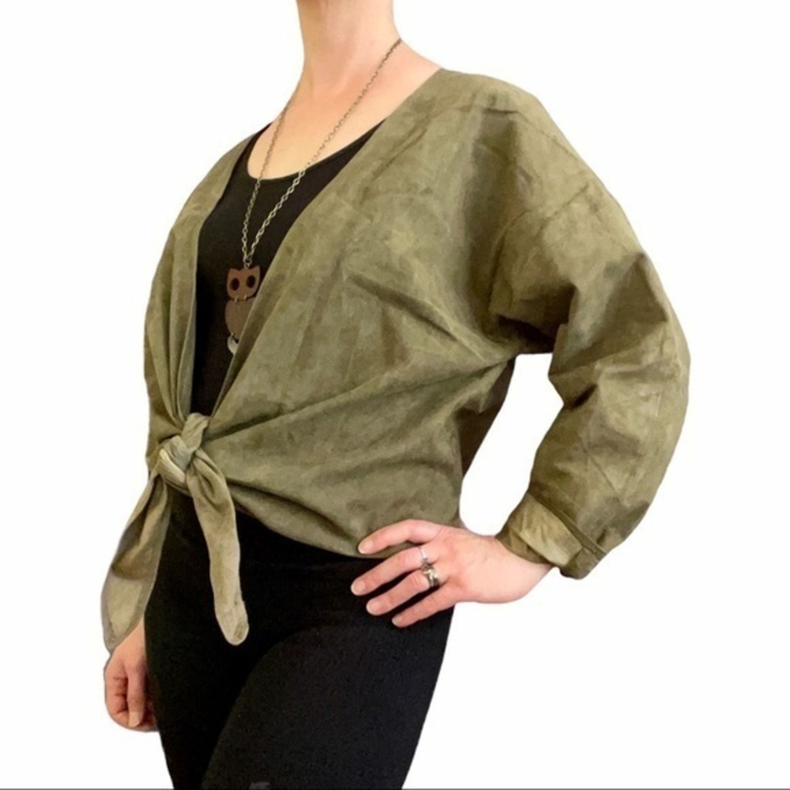 Anne Klein × Vintage 1970s Anne Klein Vintage Olive Green Suede Front Tie Jacket Size ONE SIZE - 2 Thumbnail