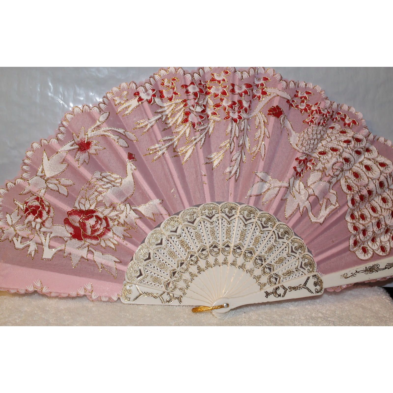 Vintage Vintage Hand Fan Peacock Flowers Pink Small Adult Fan 16 Inch Accessories Gift Size ONE SIZE - 2 Thumbnail