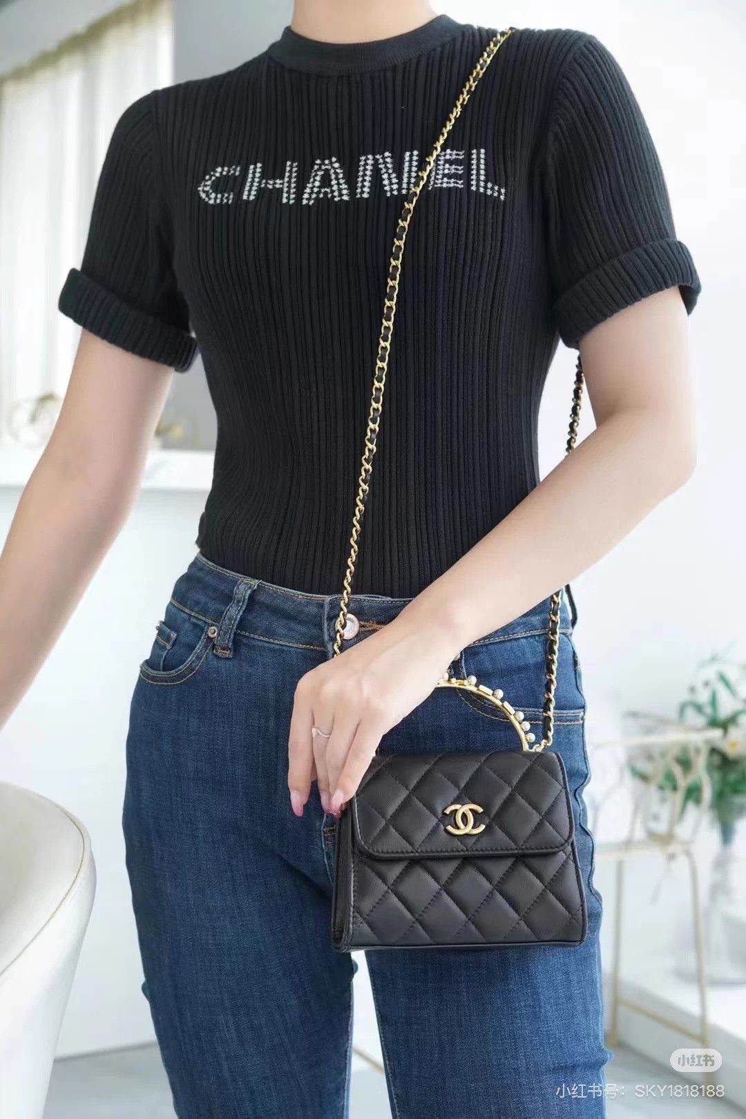 Chanel Chanel 21S CC Logo Black Pleated Knit Short Tee 38 Size S / US 4 / IT 40 - 9 Thumbnail