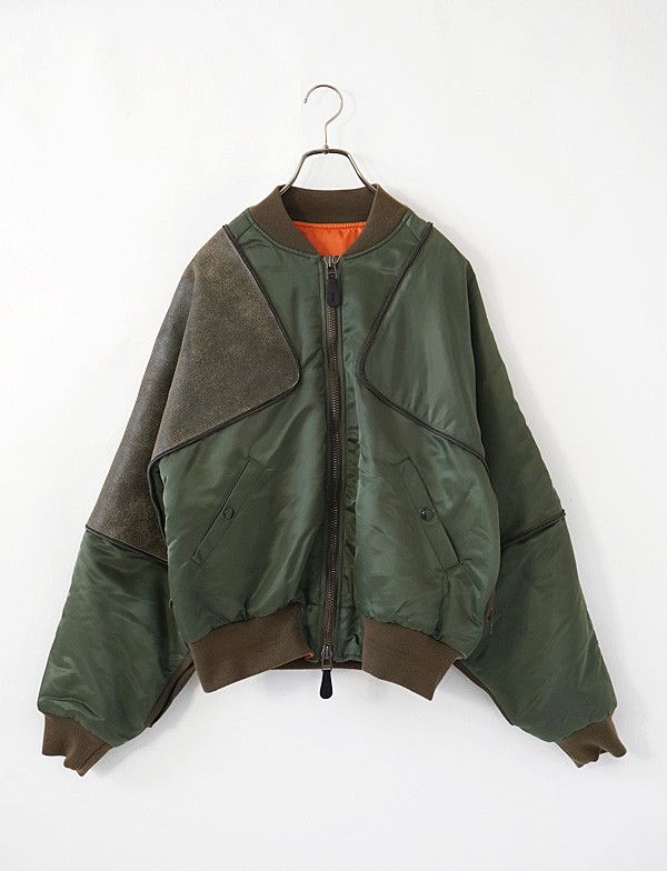 image of Kapital Ma-1 Nylon/crack Leather Siamese Bomber Jkt Khaki 3, Men's (Size Large)