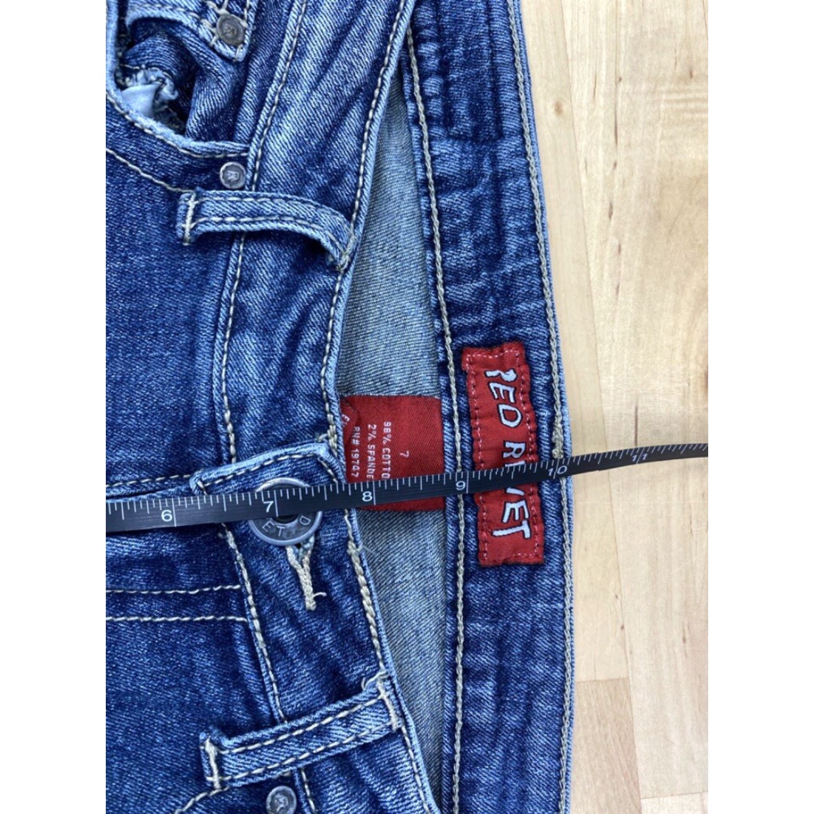 Denime Red Rivet Jeans Denim Blue Jeans Women Junior Size 7 5-Pocket Design Distressed Medium Rise Flared Denim Blue Size 28" / US 6 / IT 42 - 7 Thumbnail