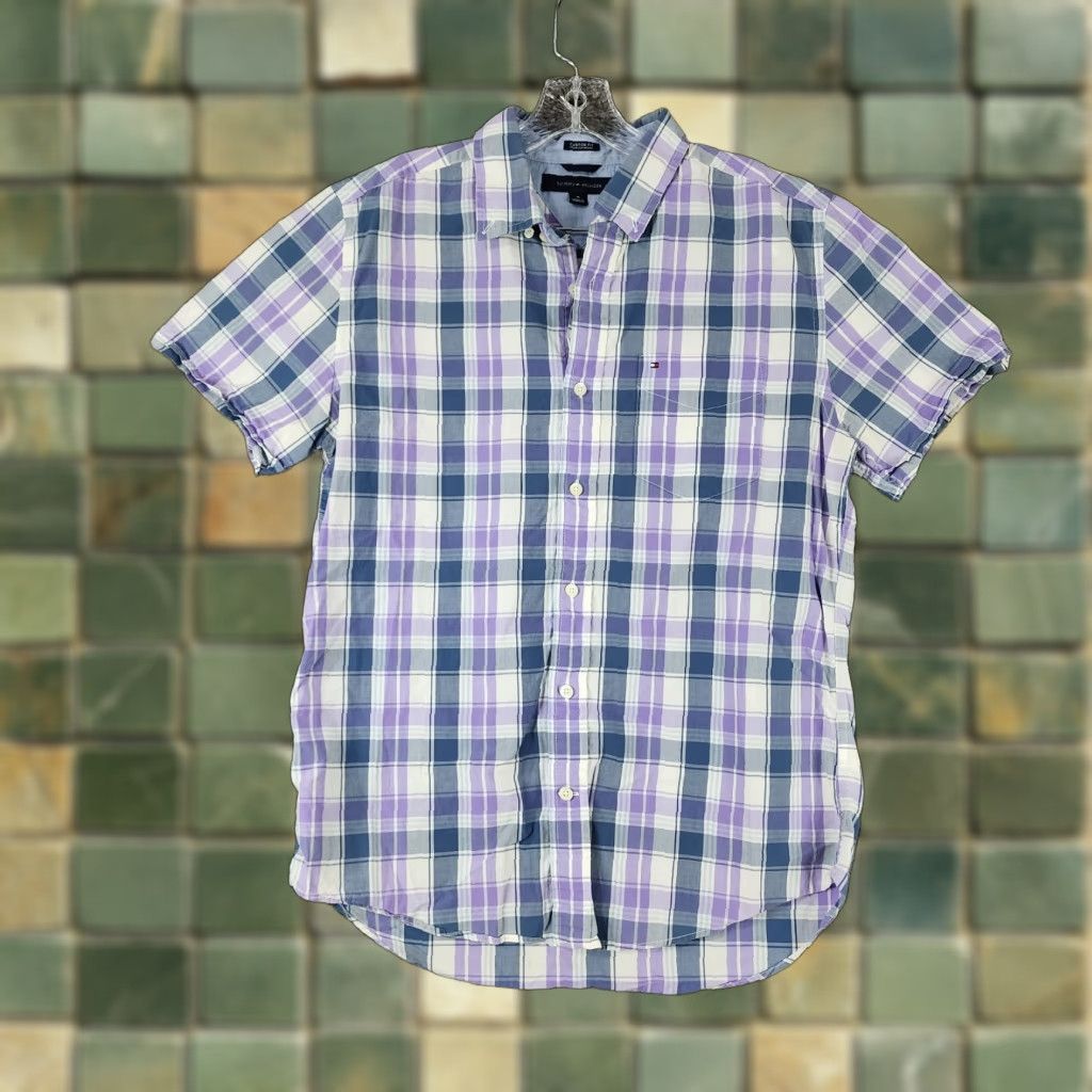Tommy Hilfiger VINTAGE? No, it's Tommy Hilfiger. Title: Tommy Hilfiger Shirt Plaid Short Sleeve Button-Up, Men’s, Size M, Purple, Custom Fit Size US 31 - 1 Thumbnail