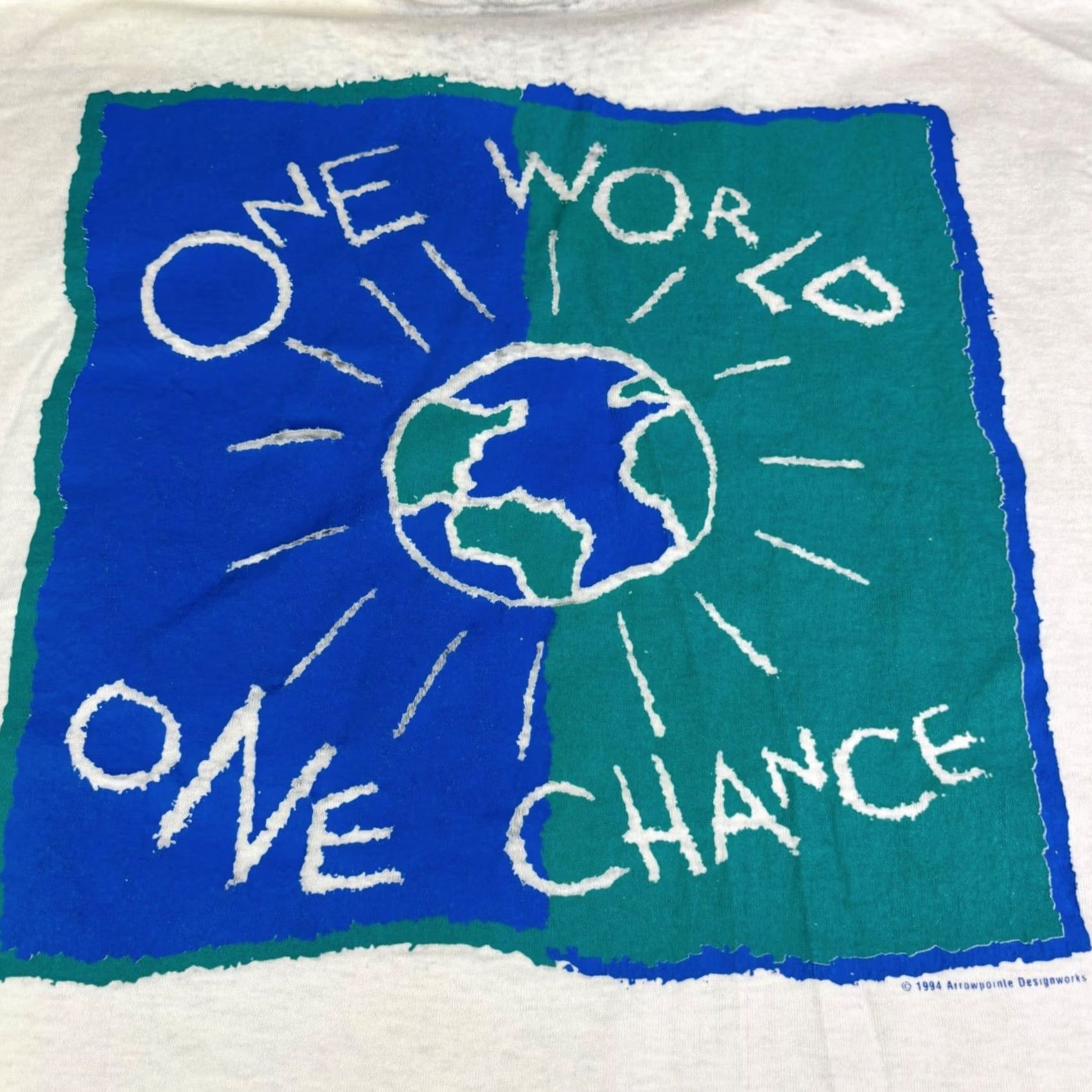 Fruit Of The Loom VINTAGE 1994 One World One Chance T-Shirt XL White Earth Day Single Stitch USA Shirt Unisex Men Women Size US XL / EU 56 / 4 - 7 Thumbnail