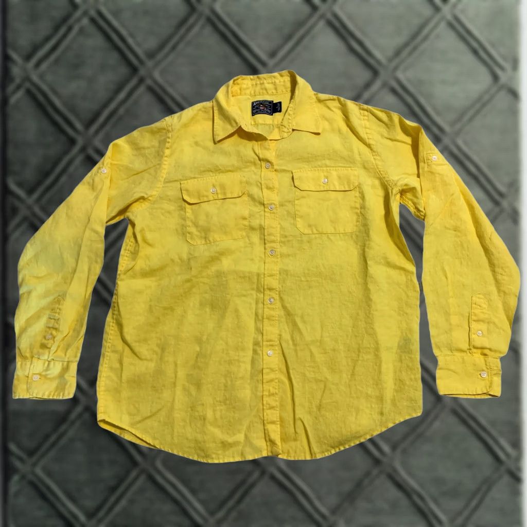 Vintage American Living Shirt L Womens Yellow Button-Up Linen Long Sleeve 100% Linen 683 Size L / US 10 / IT 46 - 1 Thumbnail