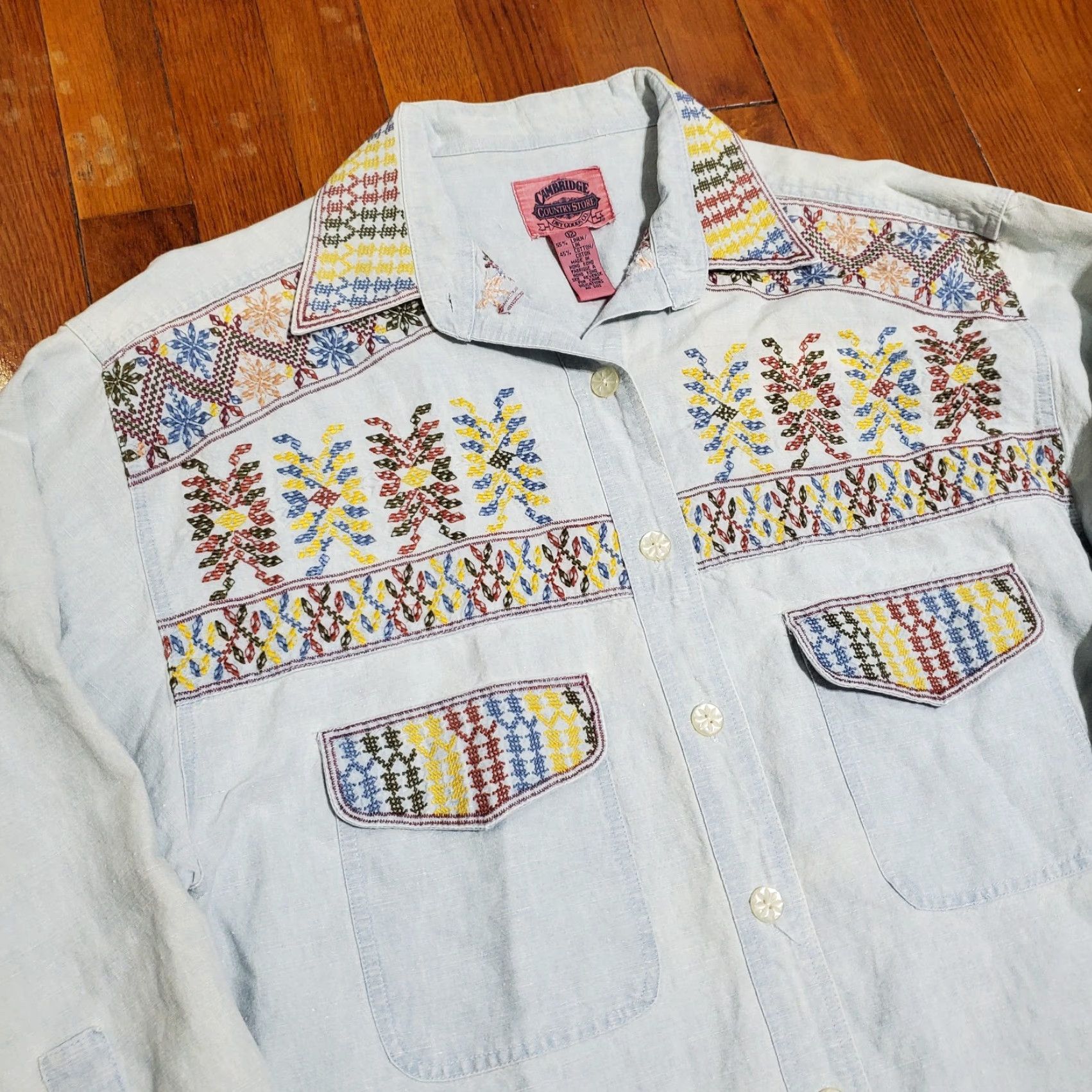 Vintage VINTAGE Cambridge Country Store Women Sz 12 Blue Linen Blend Shirt Southwestern Shirt Regular Womens 90s Bohemian Beige? Wait Size XL / US 12-14 / IT 48-50 - 5 Thumbnail