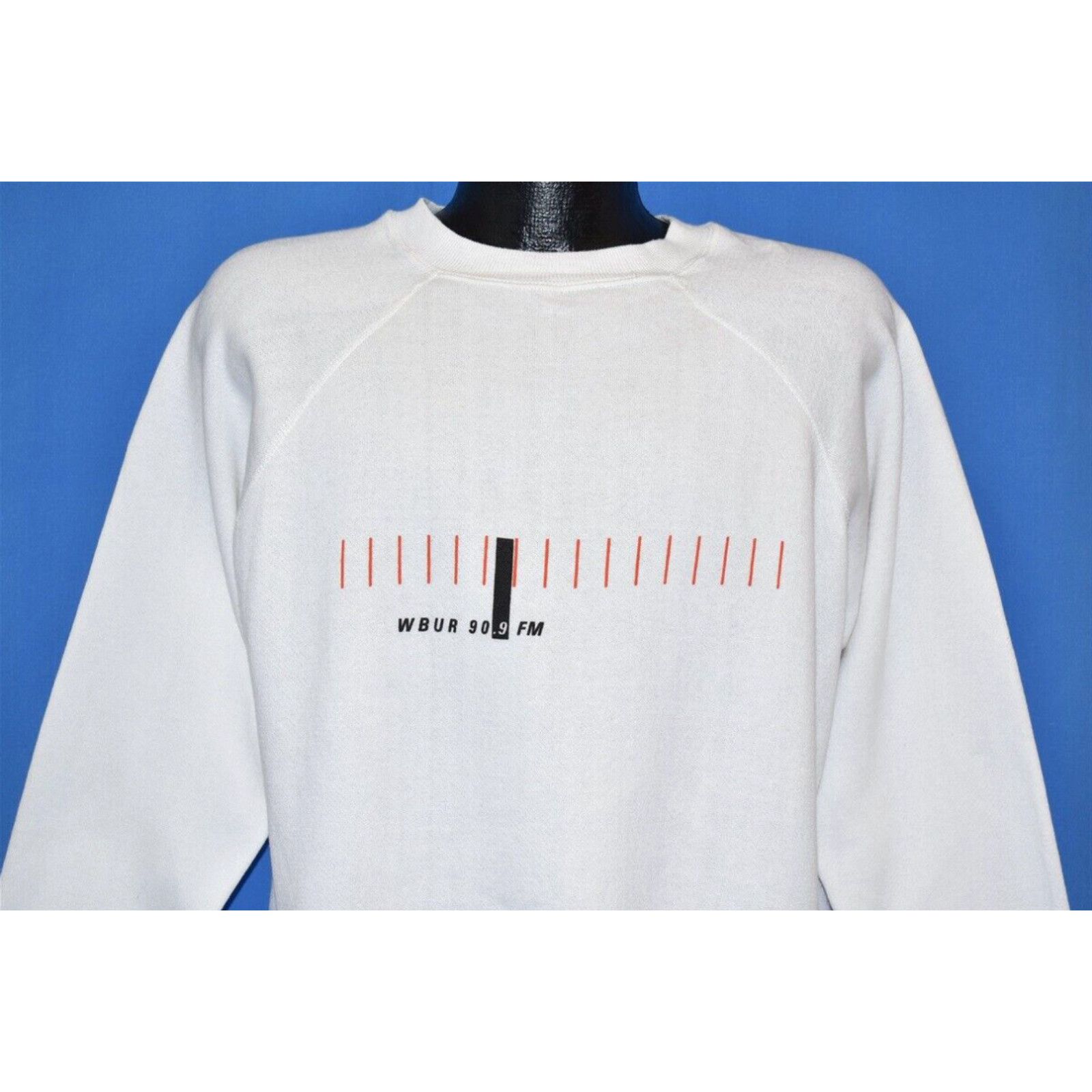 image of Vintage VTG 80's Wbur 90.9 Fm Radio Boston Massachusetts Raglan Long Sleeve Sweatshirt L in White (