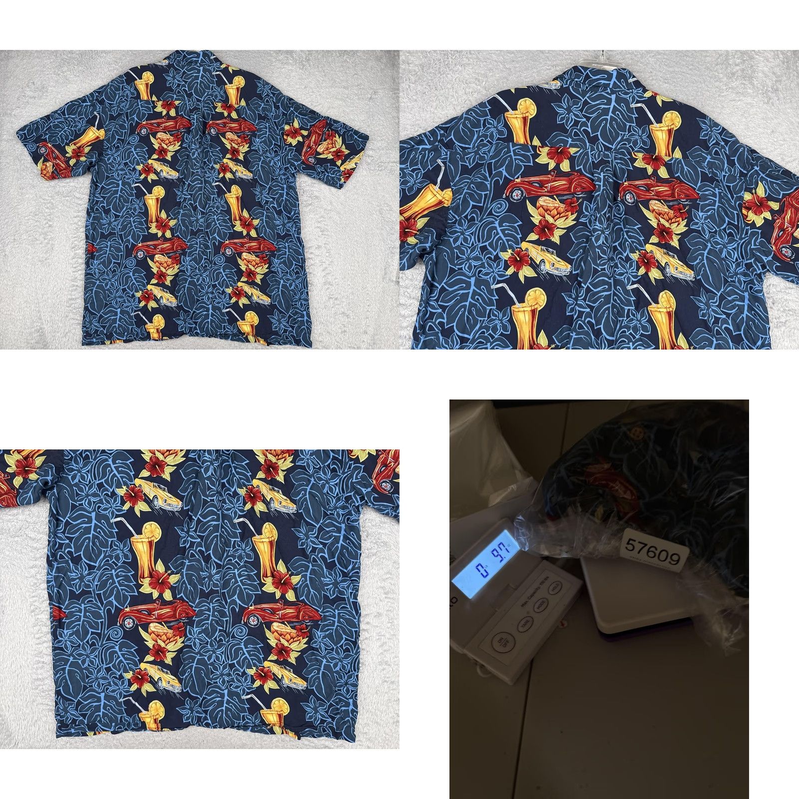 Vintage M.E Sport Shirt Mens 2XLT Blue Short Sleeve Button Up Hawaiian Cars Cocktail Hibiscus Tropical Graphic Print Casual Summer Size US XXL / EU 58 / 5 - 9 Thumbnail