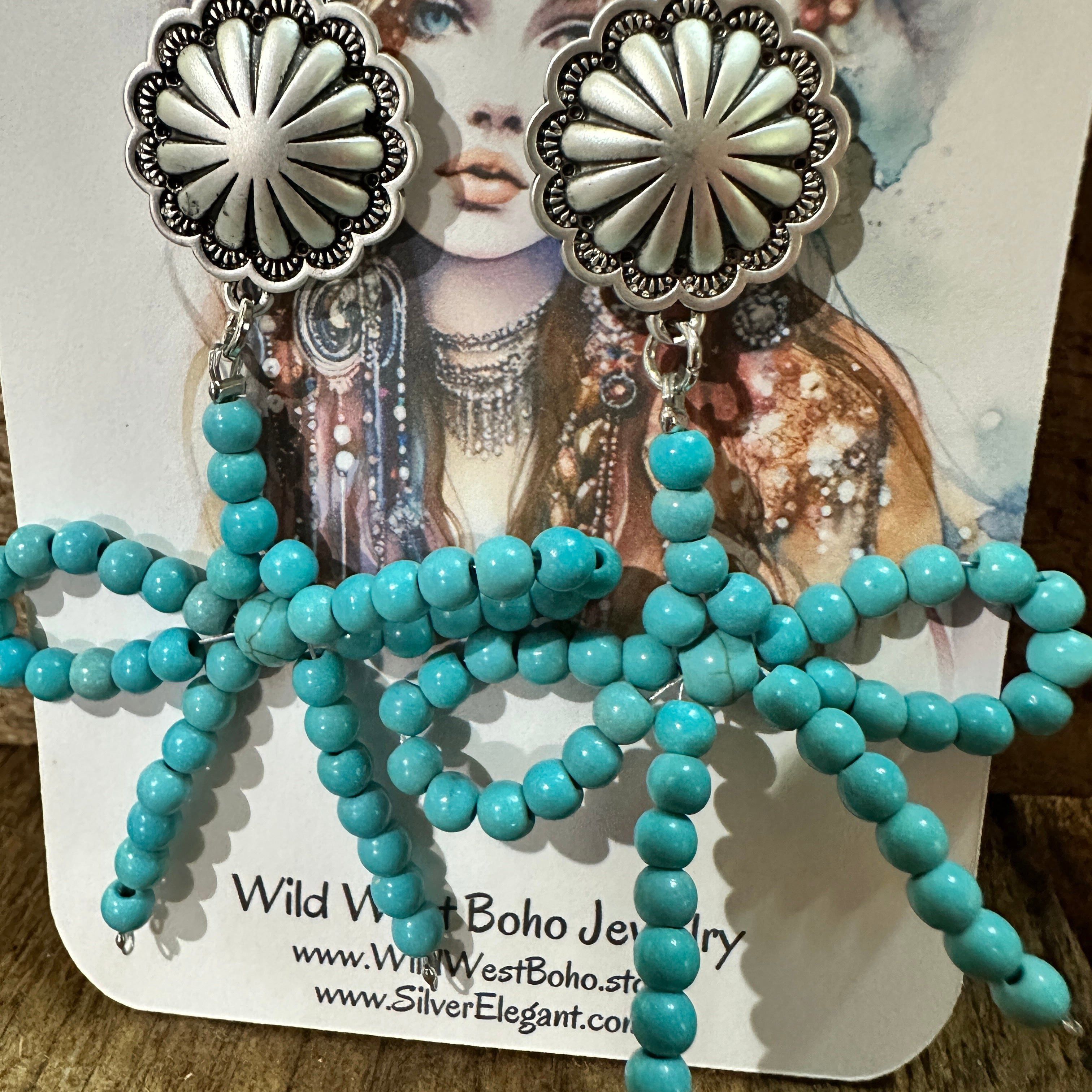 Other Handmade Ribbon Bow Post Earrings with Turquoise Beads, West Size ONE SIZE - 7 Thumbnail