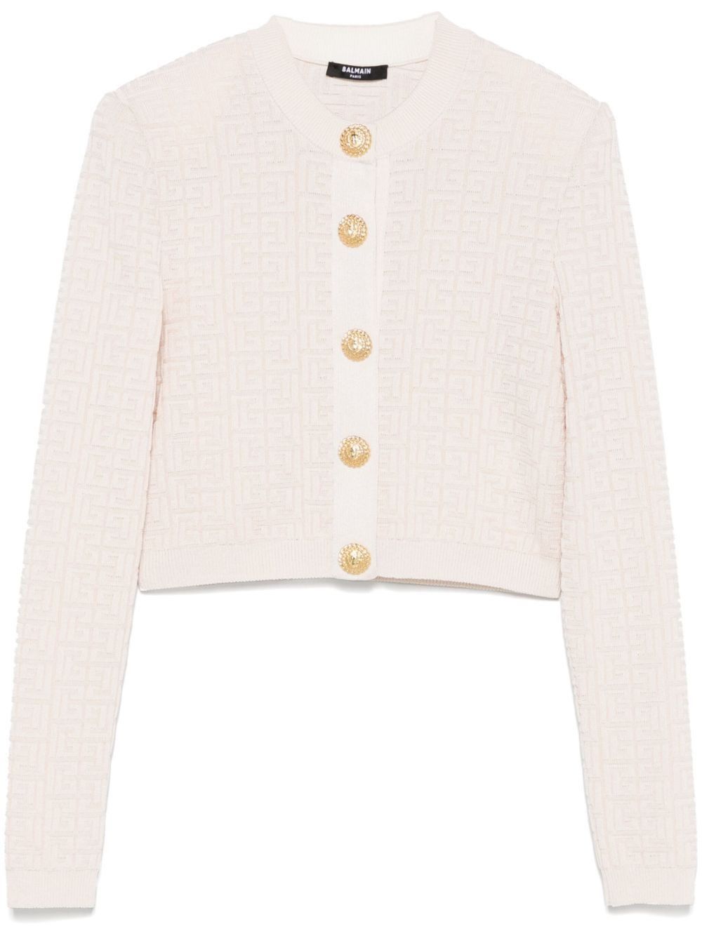 o1mt1gz0126 Buttoned Glittered Monogram Knit Cardigan Beige