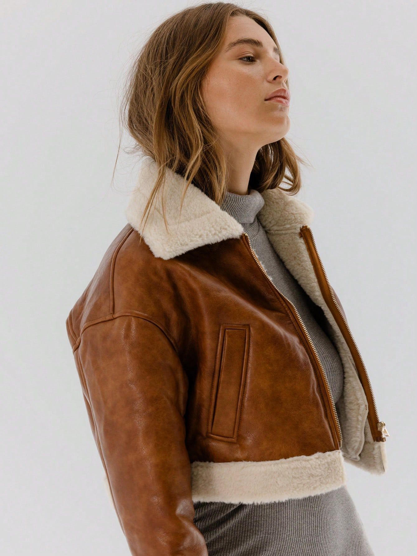 Other Womens Brown Real Leather Aviator Jacket, Shearling Trim Size S / US 4 / IT 40 - 8 Thumbnail