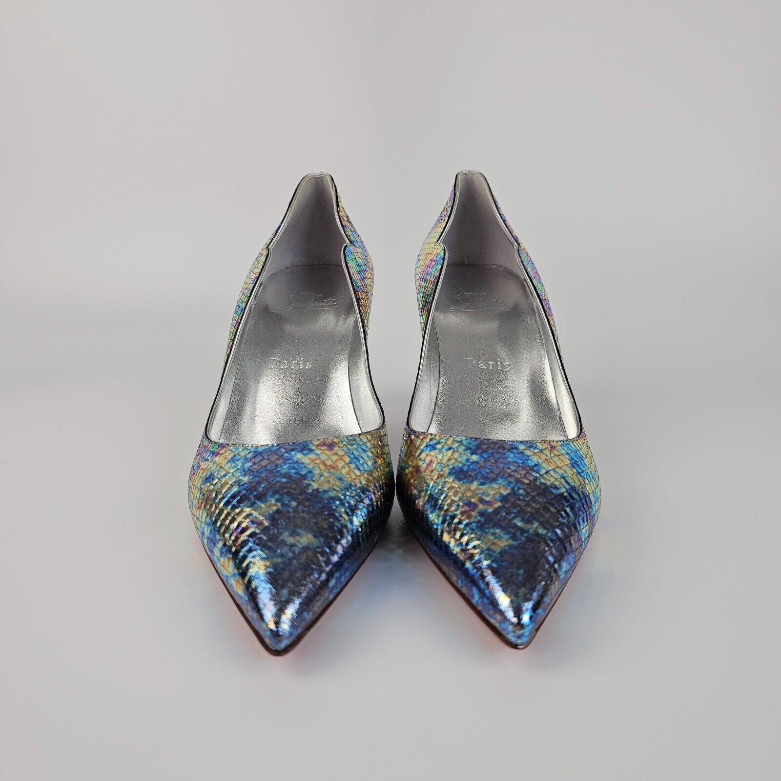 LOUBOUTIN Hot Chick 70mm Silver Leather Heeled Pumps New