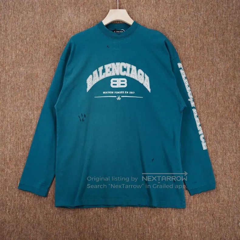 Balenciaga Letter Printed Destroyed Long Sleeve Lake Blue