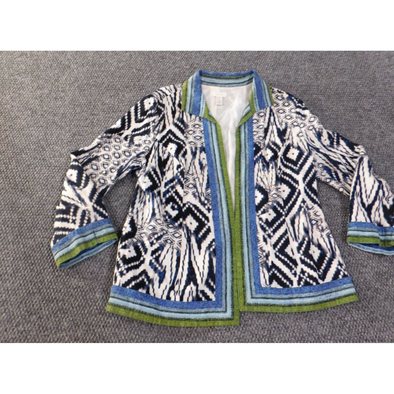 Vintage Chicos Blouse Shirt Womens Blue Geometric Linen Rayon Open Shawl Collar Casual Designer Top Size 1 Regular Vintage No Buttons Size XS / US 0-2 / IT 36-38 - 3 Thumbnail