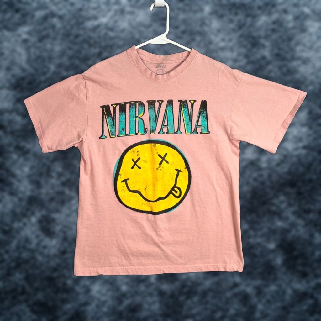 Pinko Nirvana Pink Graphic Tee Yellow Smiley Face Band Retro Size S/M Mens Size S / US 4 / IT 40 - 1 Thumbnail