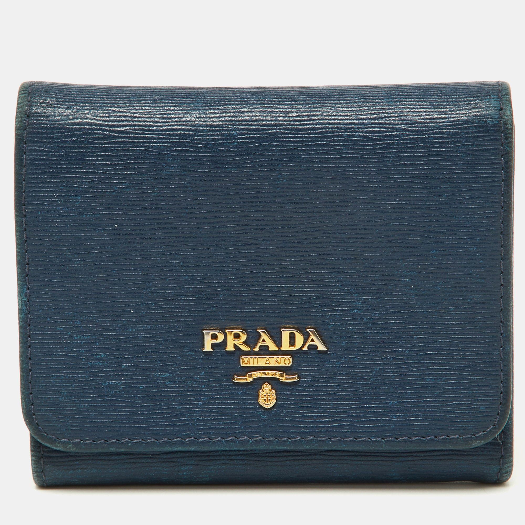 image of Prada Blue Vittello Move Leather Trifold Wallet, Women's