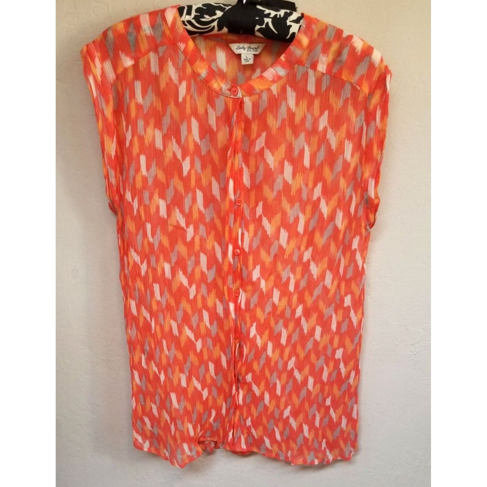 Lucky Brand Lucky Brand Womens Abstract Orange Sheer Button Down Top V-Neck Cap Sleeve Large Size L / US 10 / IT 46 - 2 Thumbnail