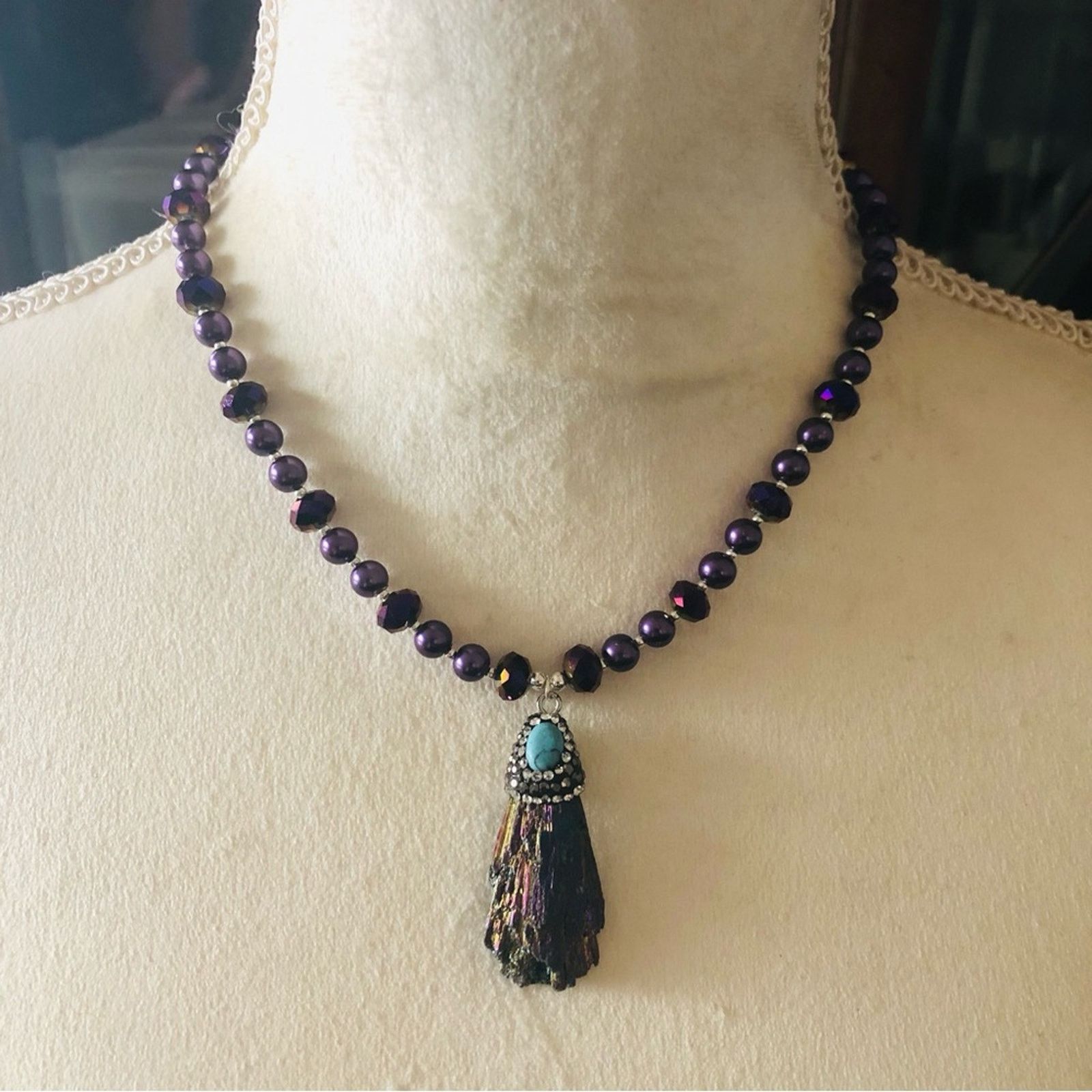 Handcrafted peacock tail tourmaline turquoise Pearl necklace