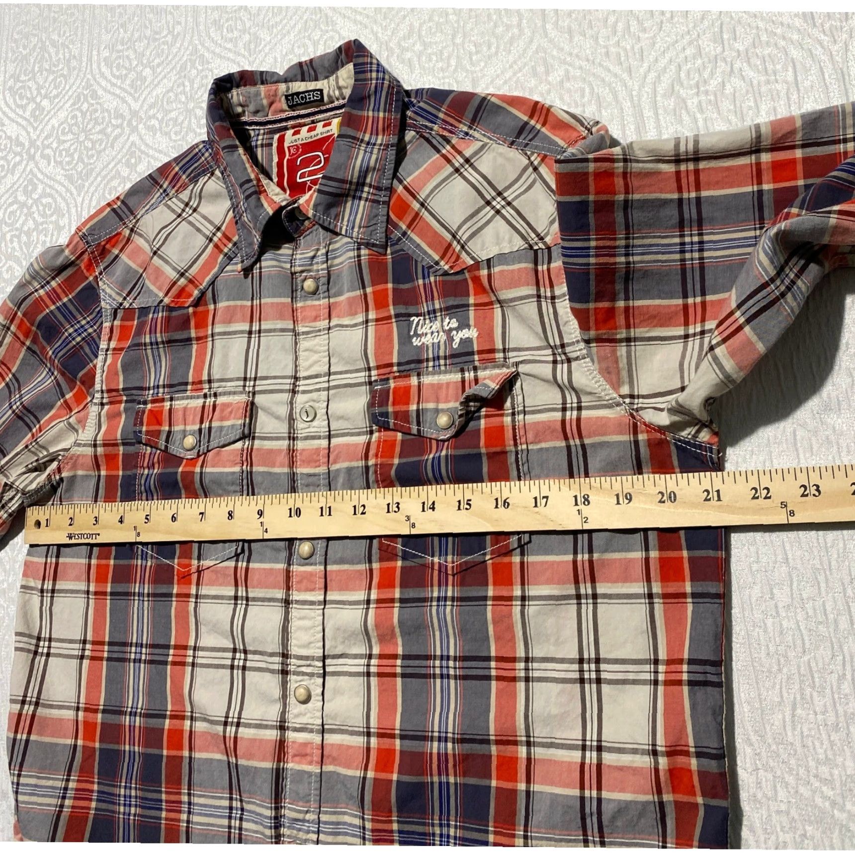 Vintage JACHS NY Mens Large Plaid Western Pearl Snap Button Down Shirt Red Blue Cotton Size US L / EU 52-54 / 3 - 4 Thumbnail
