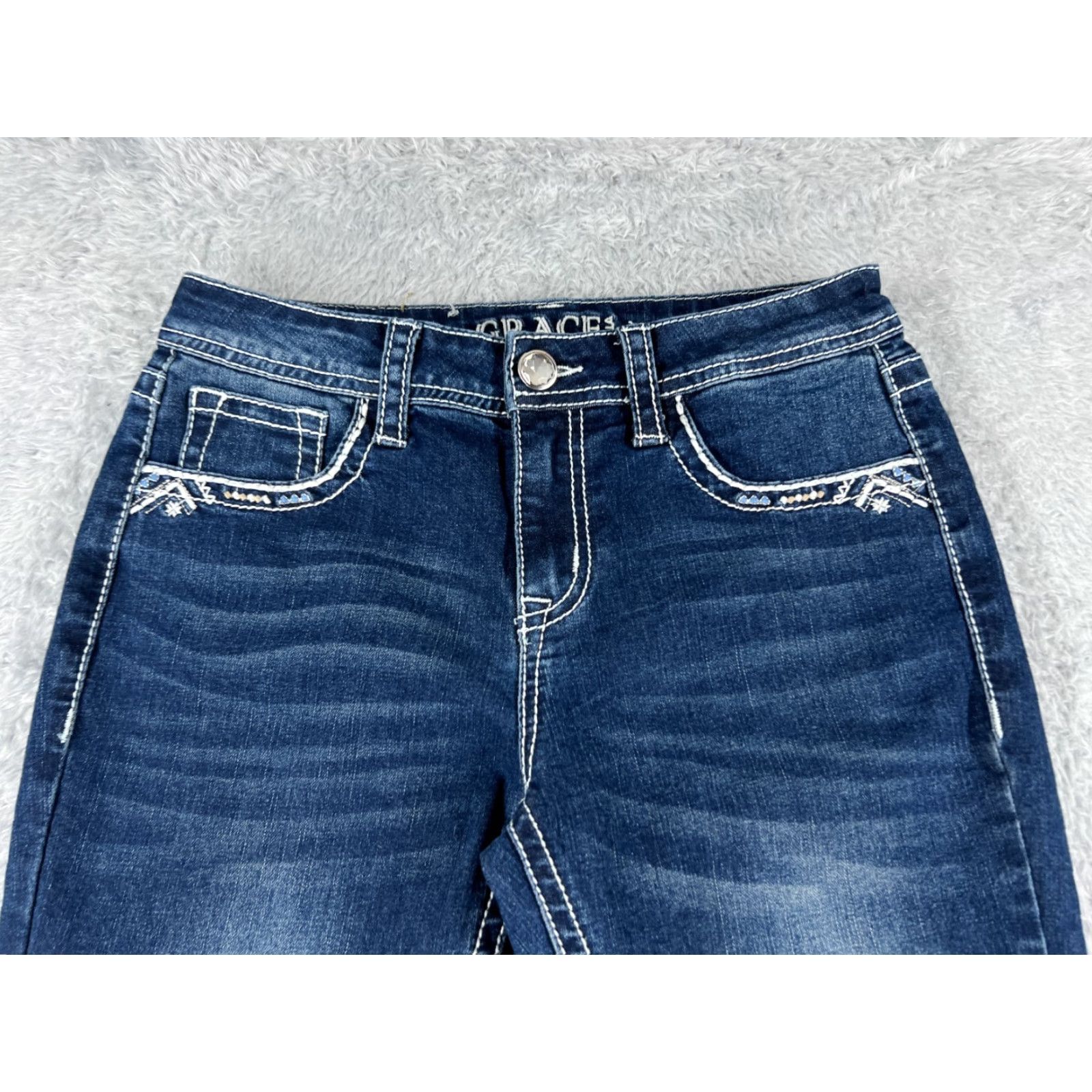 Grace in LA Grace In LA Jeans Womens 5 Blue Denim Low Rise Bling Embellished Cotton Blend Flared 5-Pocket Design Jeans Womens Size 27" / US 4 / IT 40 - 4 Thumbnail