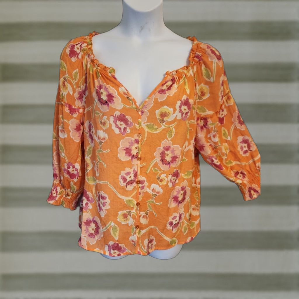 Vintage Mlle Gabrielle Orange Floral Top Blouse Shirt 3/4 Sleeve Smocked Front Button V-Neck XL Womens Boho Hippie Casual Workwear Size XL / US 12-14 / IT 48-50 - 1 Thumbnail