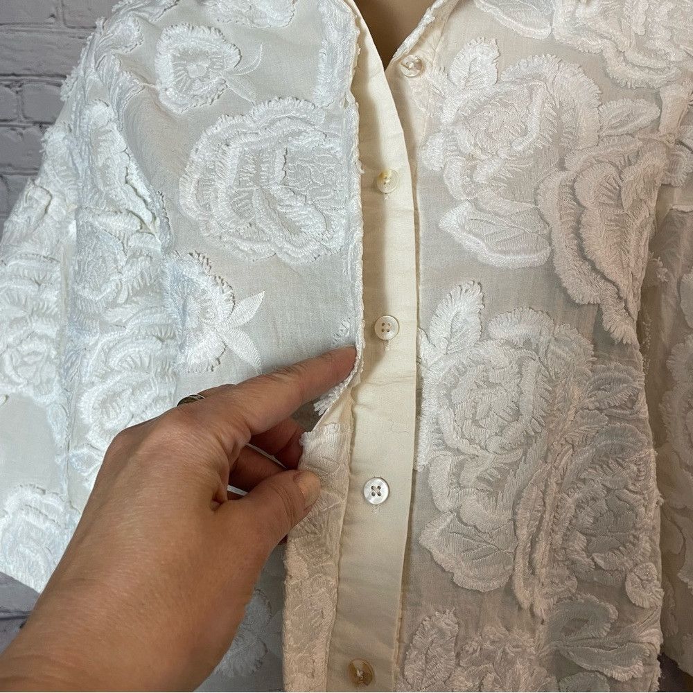 Current Air Current Air Floral Embroidered Cotton 3/4 Bell Sleeve Ivory Size XS / US 0-2 / IT 36-38 - 4 Thumbnail