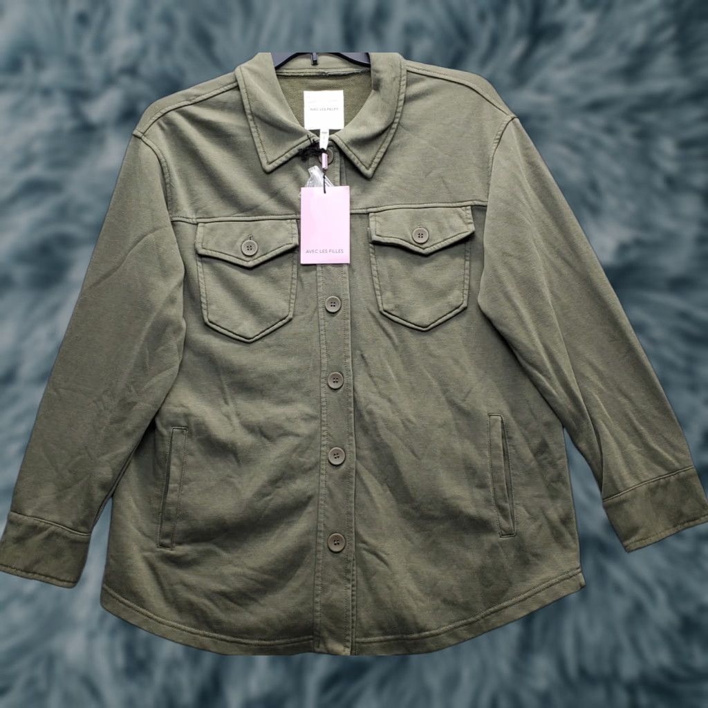 AVEC LES FILLES Avec Les Filles Shirt Jacket Womens Size L Green Fleece Collared Button Front Jacket Size L / US 10 / IT 46 - 1 Thumbnail