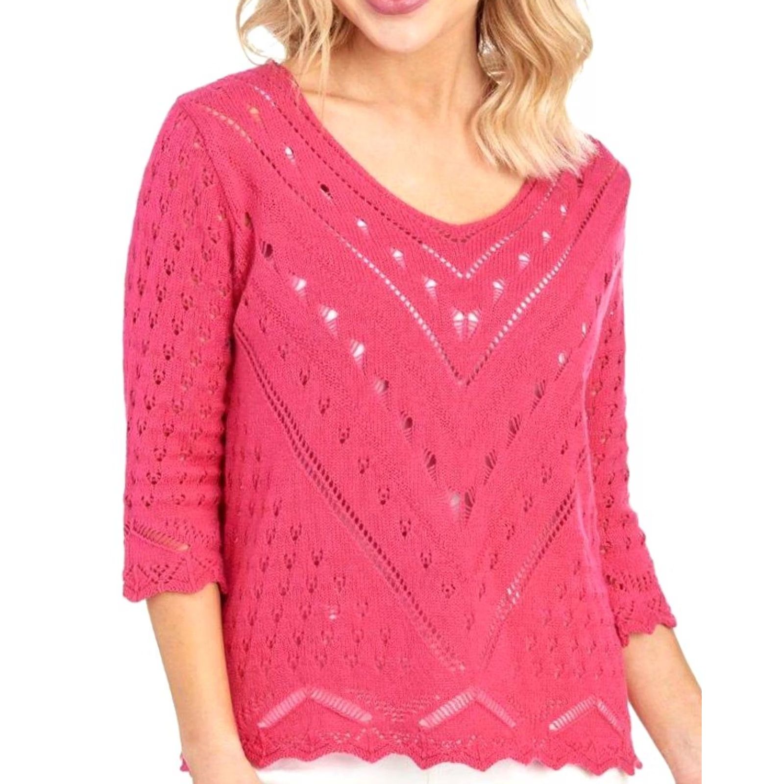 Vintage JOSEPH A Womens Daquiri Pink Pointelle Scalloped Sweater Large 3/4 Sleeve Women Pink Shirt Pullover Size L / US 10 / IT 46 - 2 Thumbnail