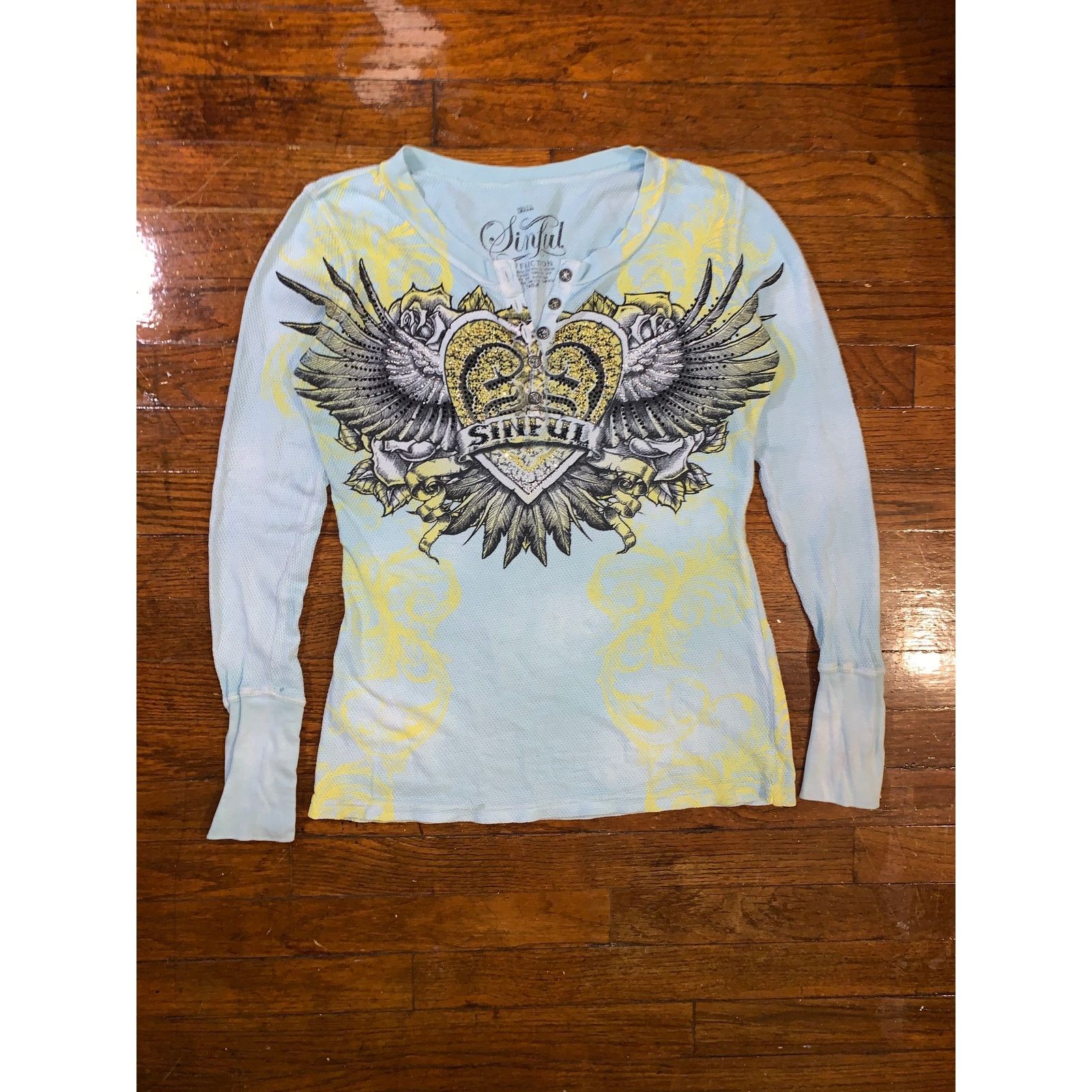 Affliction × Vintage Sinful by Affliction Thermal Henley Small Blue Wings Y2K Size S / US 4 / IT 40 - 2 Thumbnail